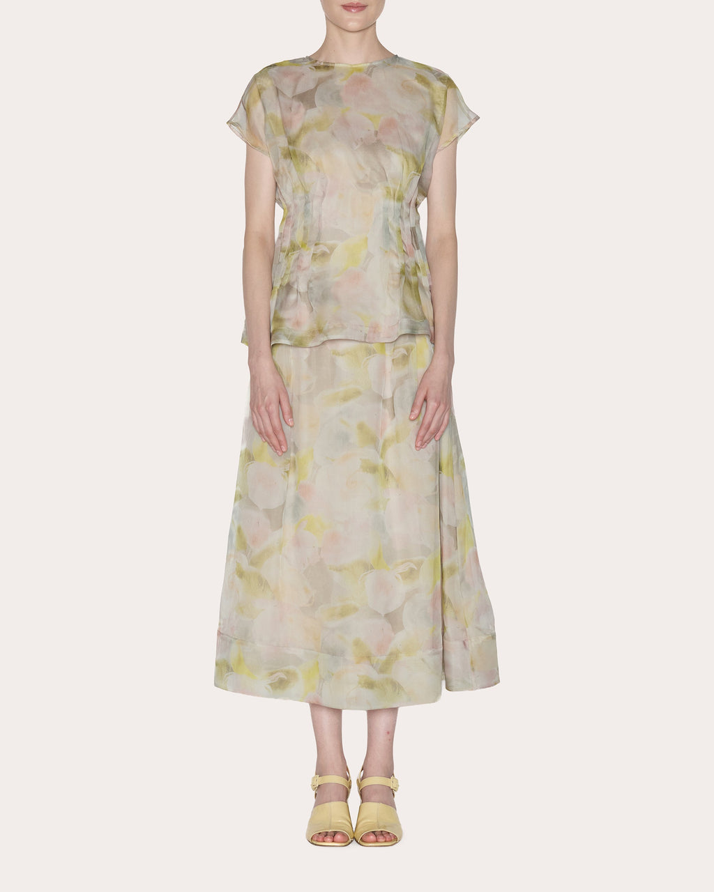 Essence Floral Silk Organza Pleated Top