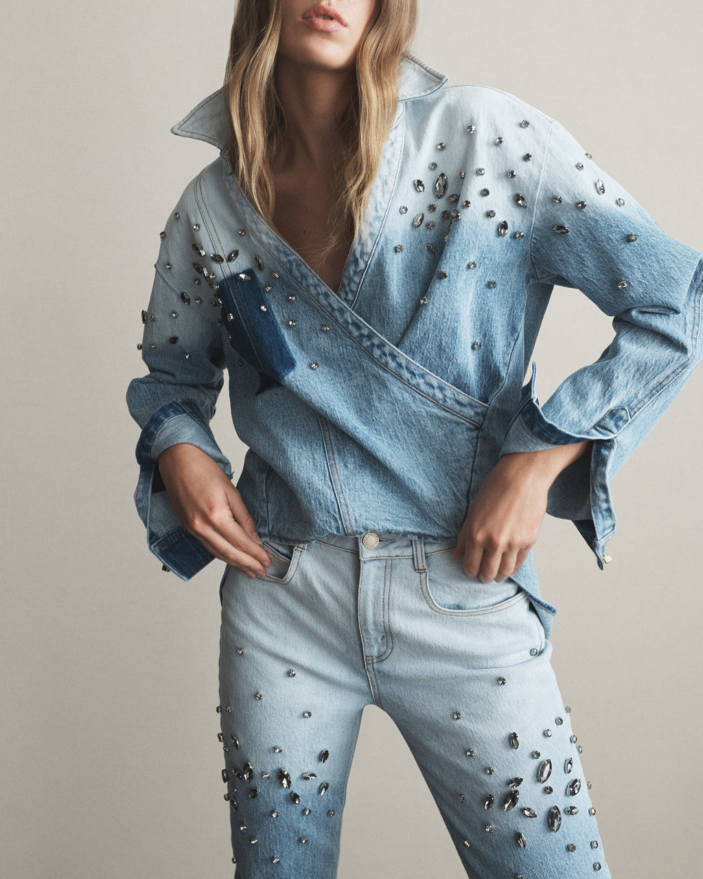 Hart Crystal-Embellished Faux-Wrap Stretch-Denim Shirt