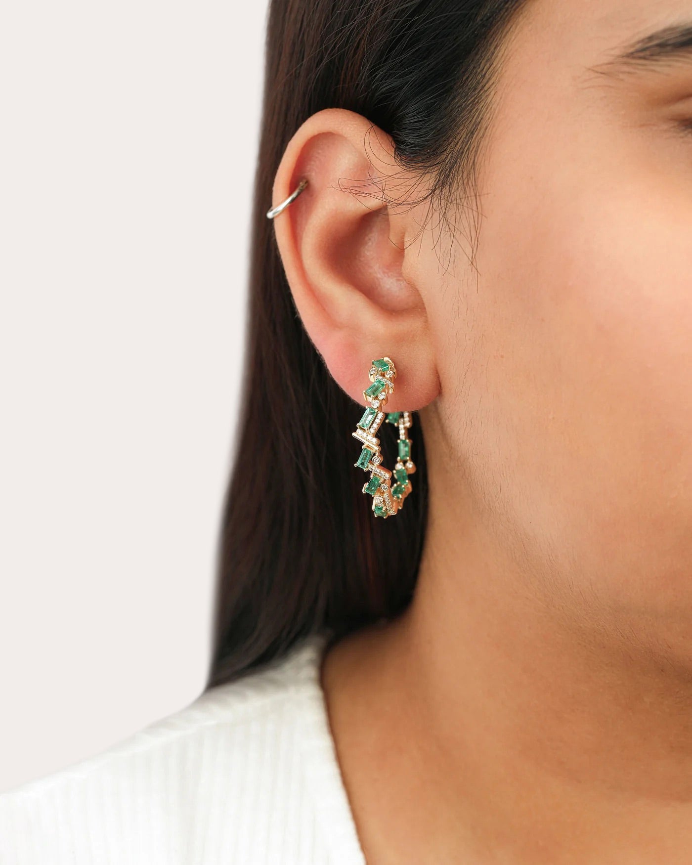 Emerald & Diamond 14k Gold Ethereal Hoop Earrings