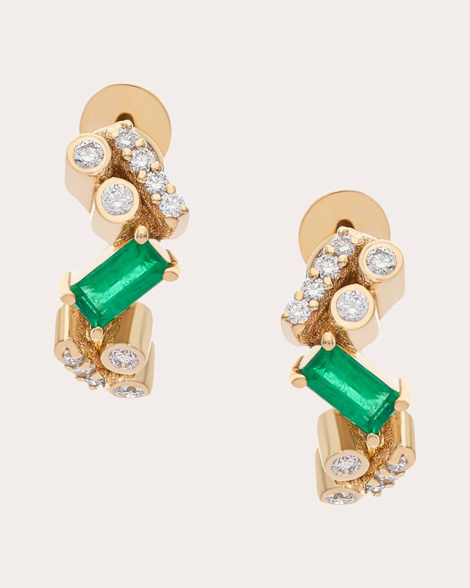 Emerald & Diamond Ethereal Nugget Huggie Earrings