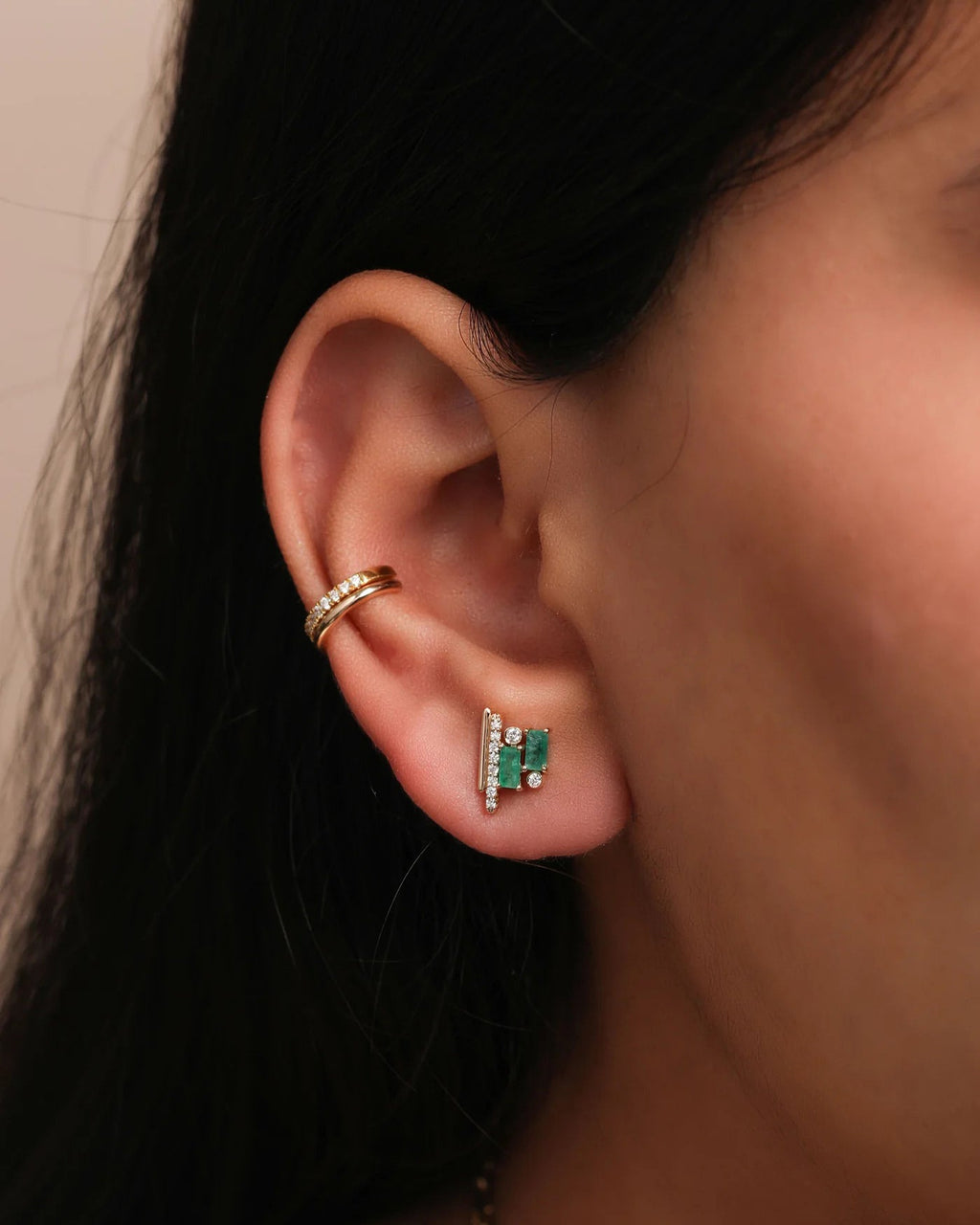 Diamond & Emerald 14k Gold Ethereal Stud Earrings