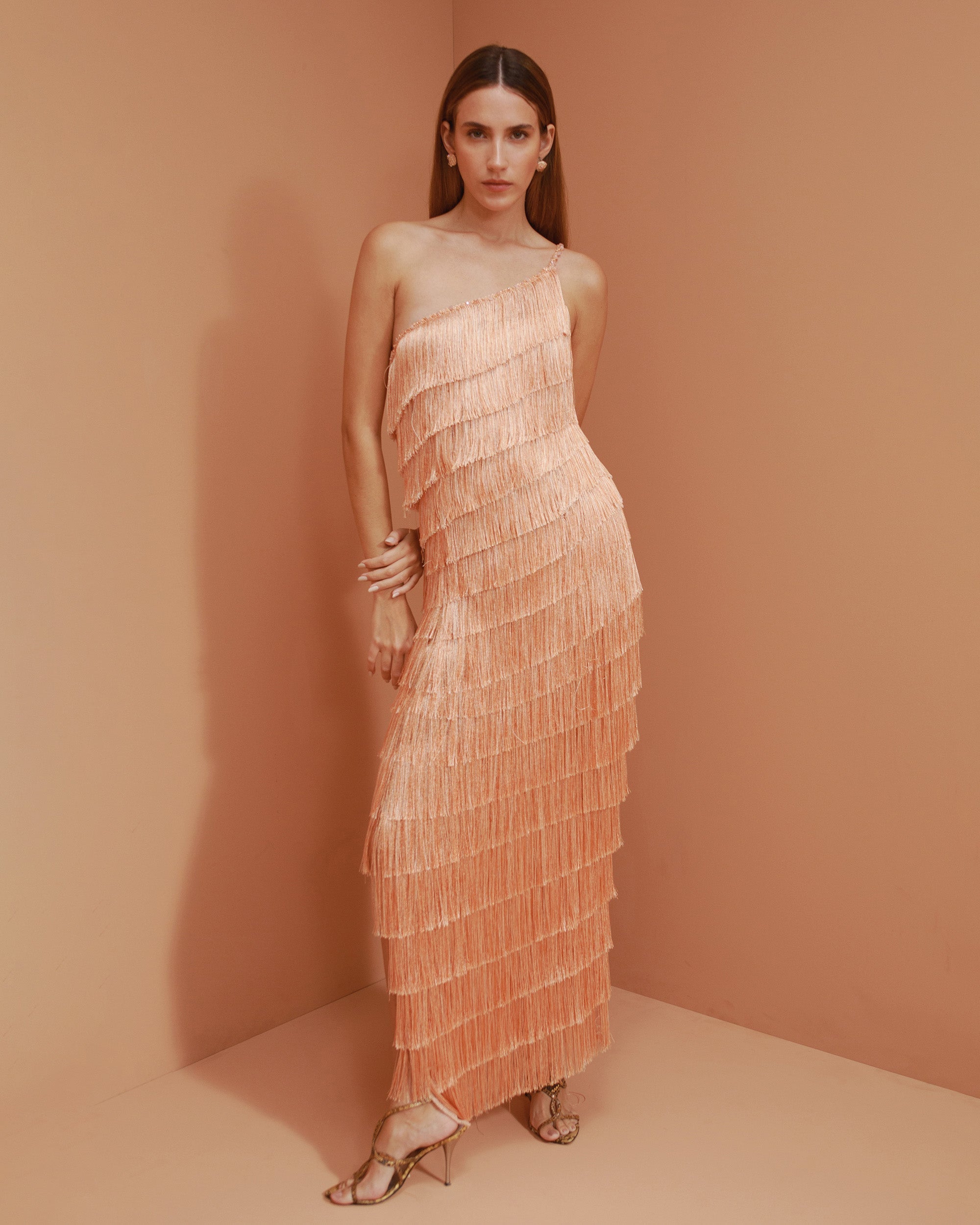 Isidora Silk Fringe Tiered Asymmetric Gown
