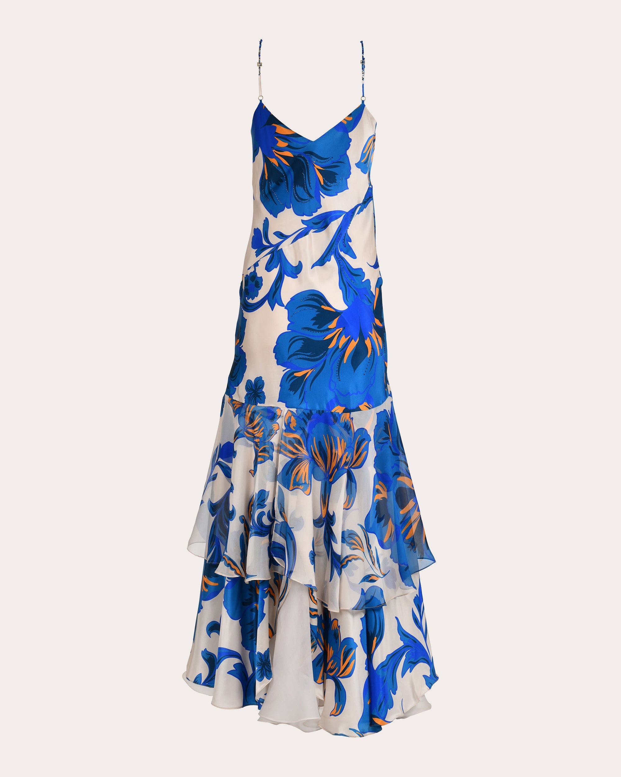 Atlas Beaded Floral Silk Tiered Drop-Waist Maxi Dress
