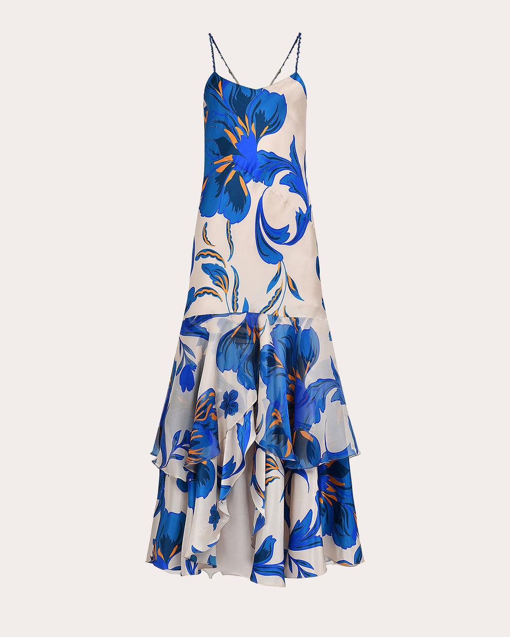 Atlas Beaded Floral Silk Tiered Drop-Waist Maxi Dress
