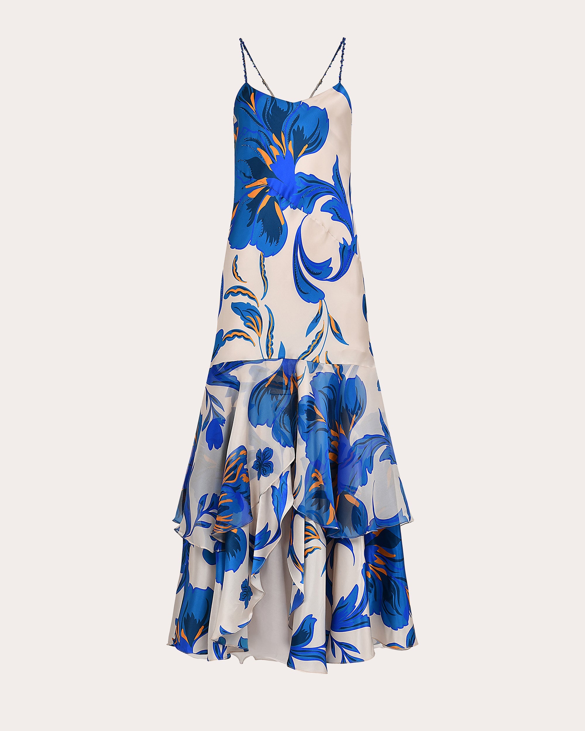 Atlas Beaded Floral Silk Tiered Drop-Waist Maxi Dress