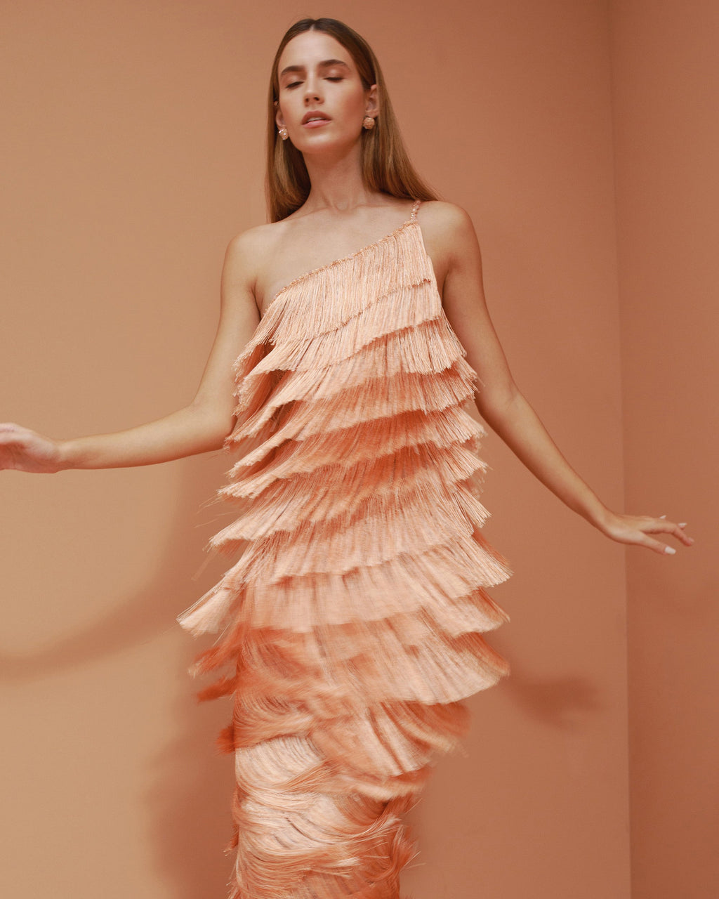 Isidora Silk Fringe Tiered Asymmetric Gown