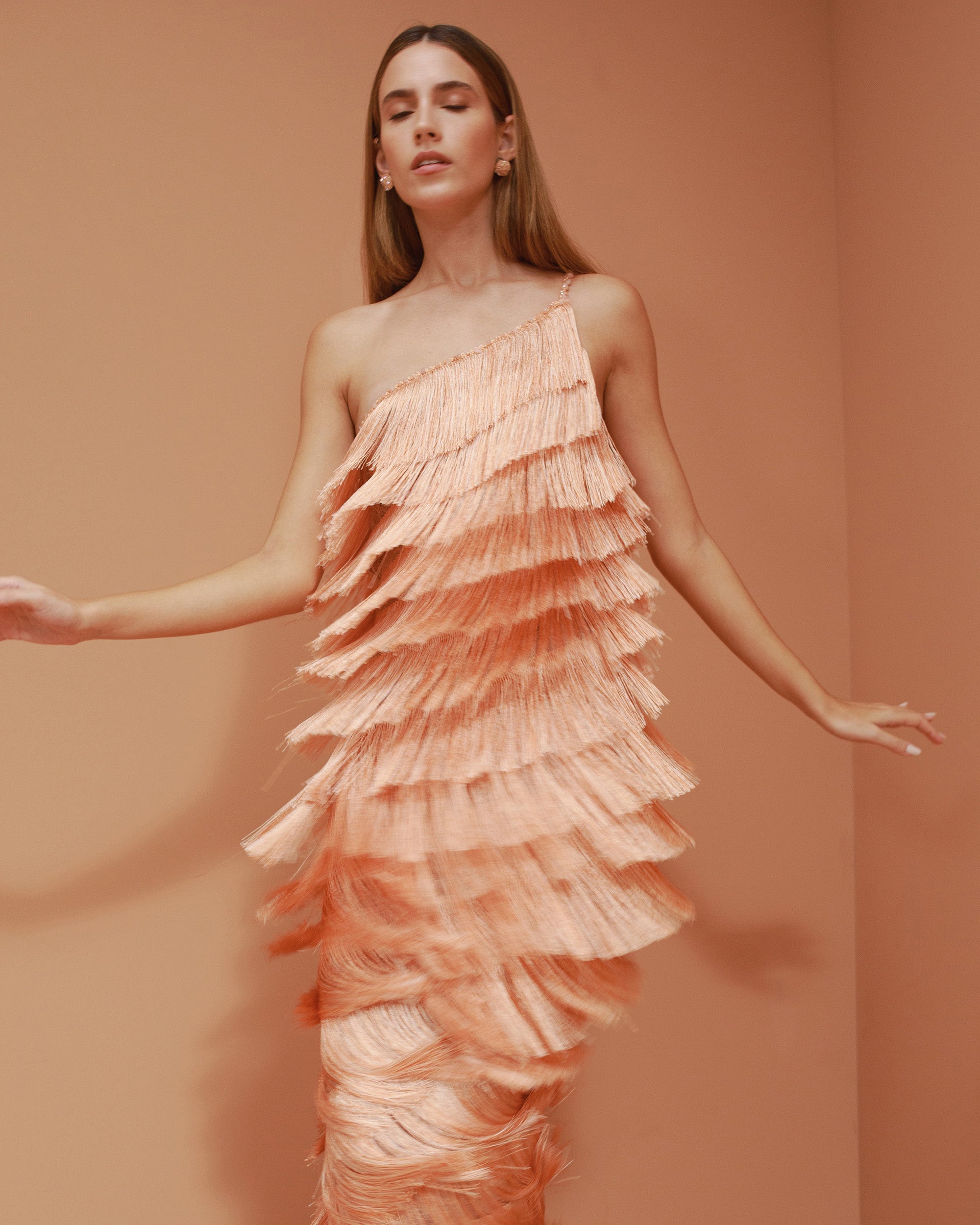 Isidora Silk Fringe Tiered Asymmetric Gown