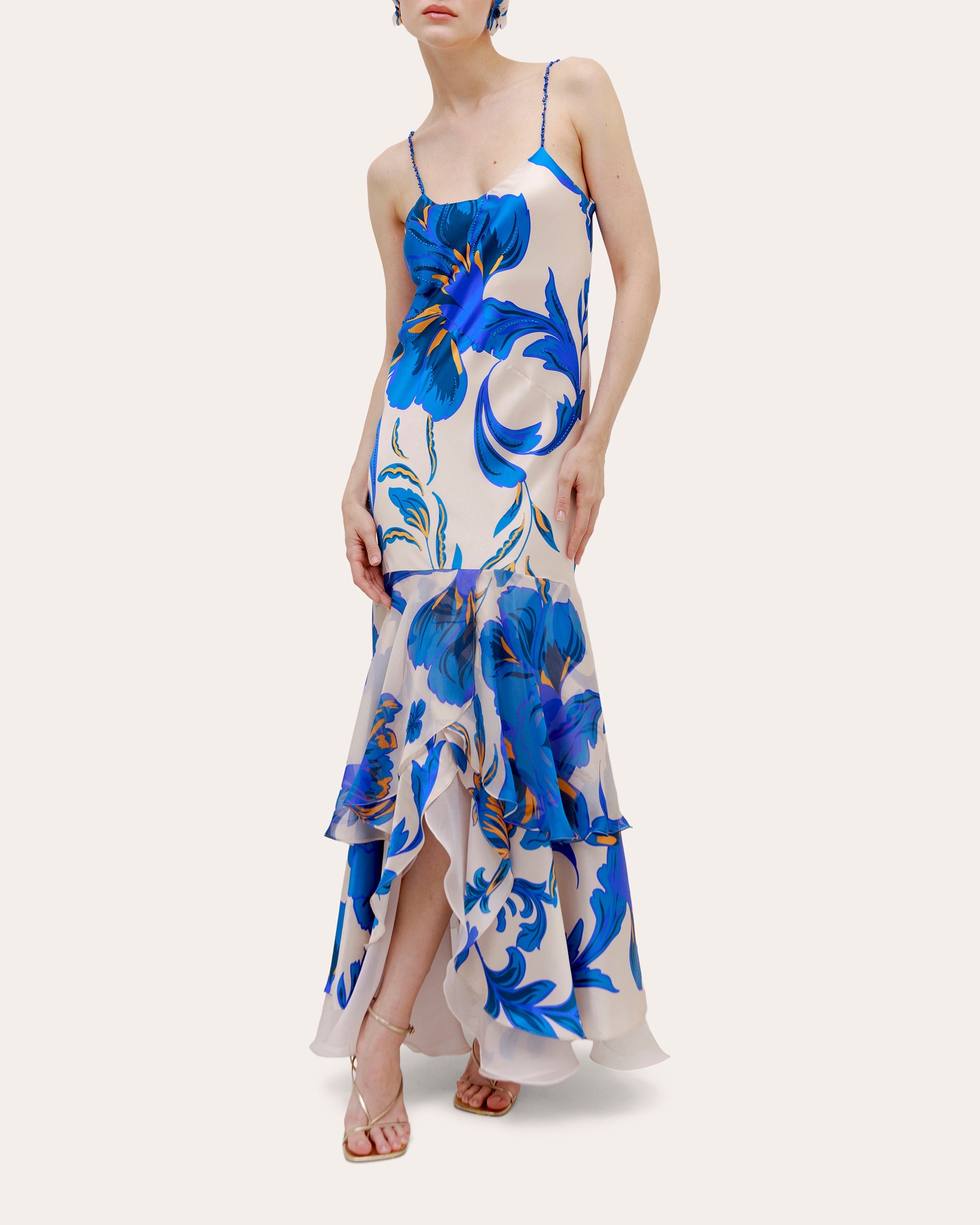 Atlas Beaded Floral Silk Tiered Drop-Waist Maxi Dress