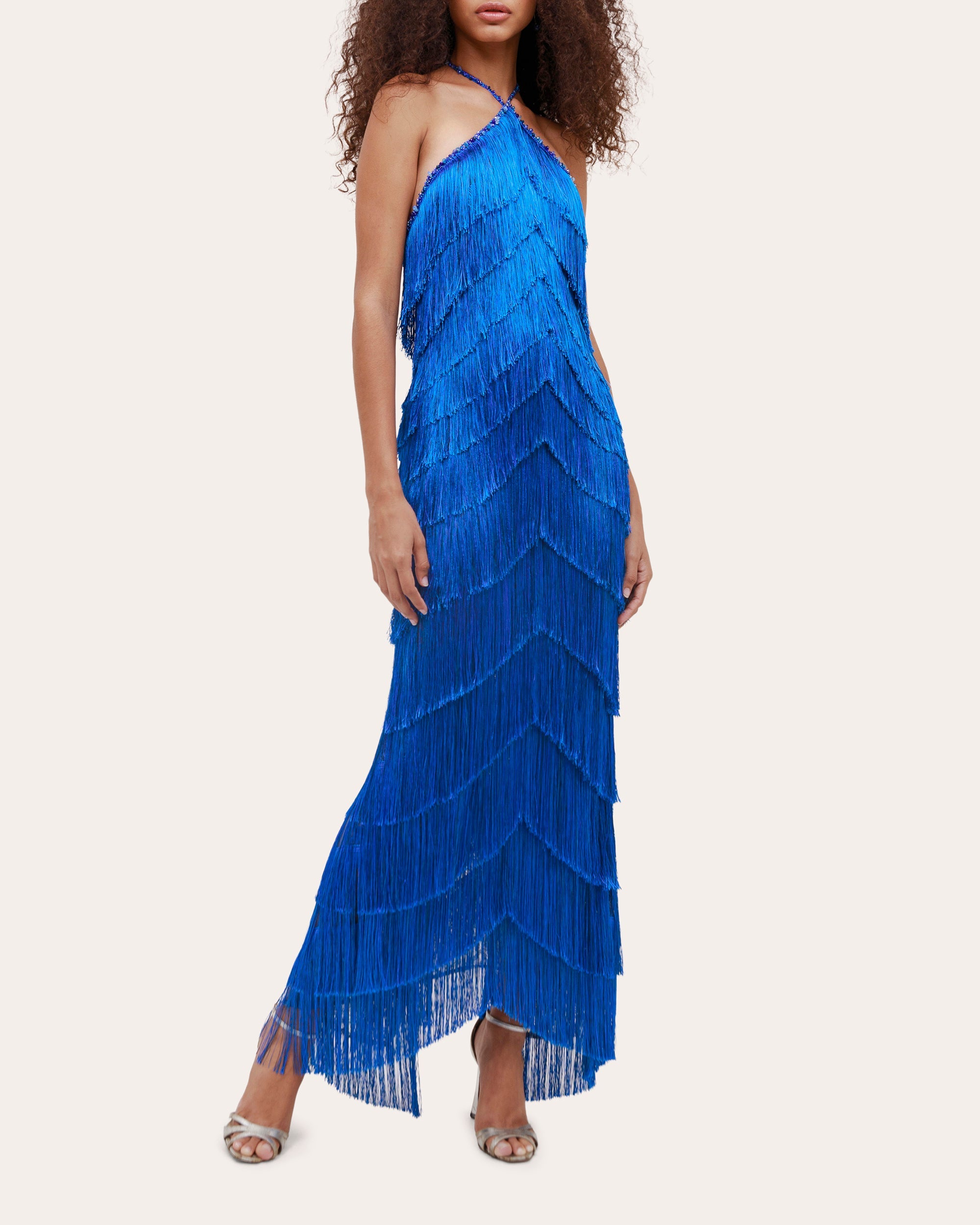 Estrella Silk Fringe Tiered Maxi Dress