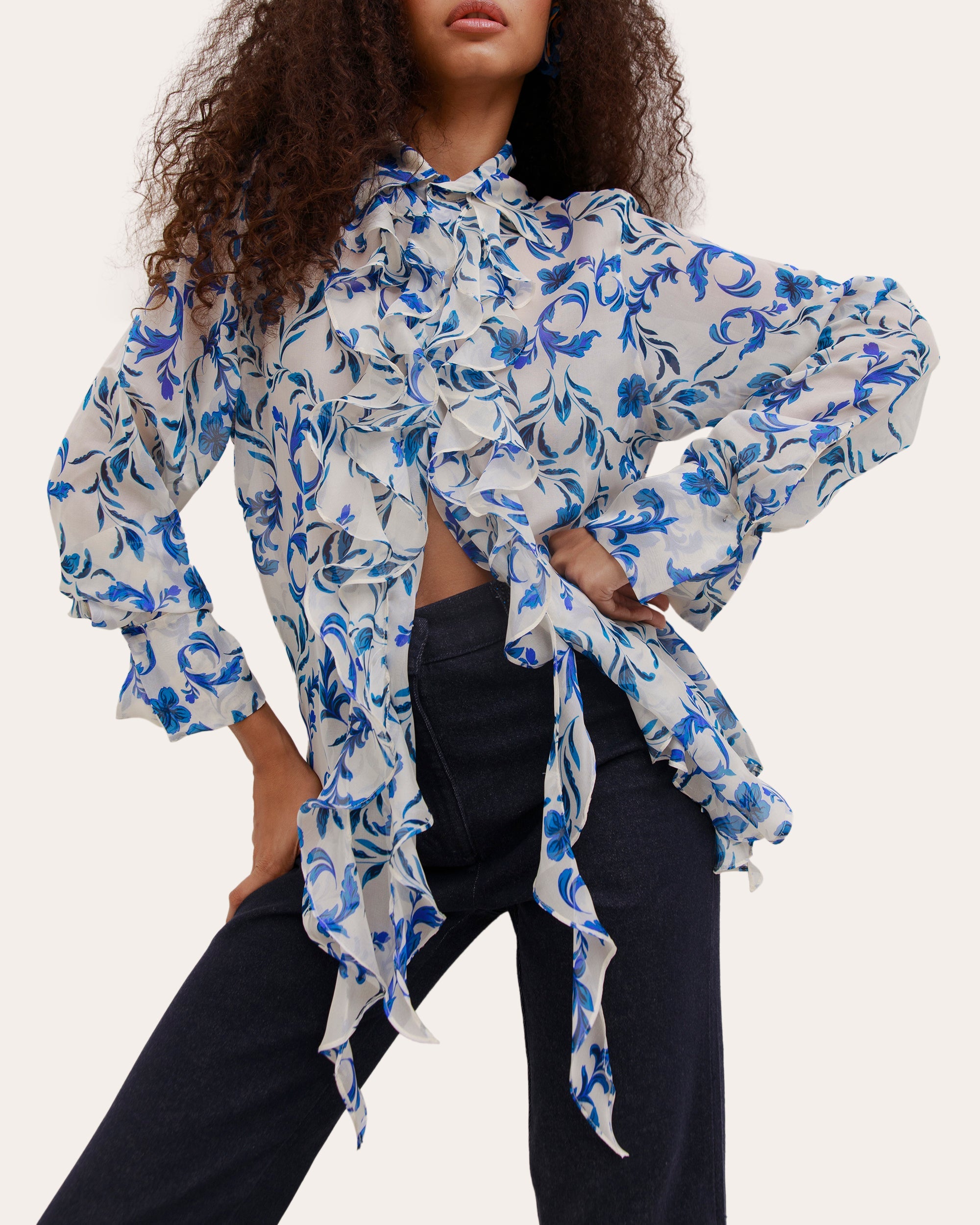 Medusa Floral Silk Organza Ruffle Shirt