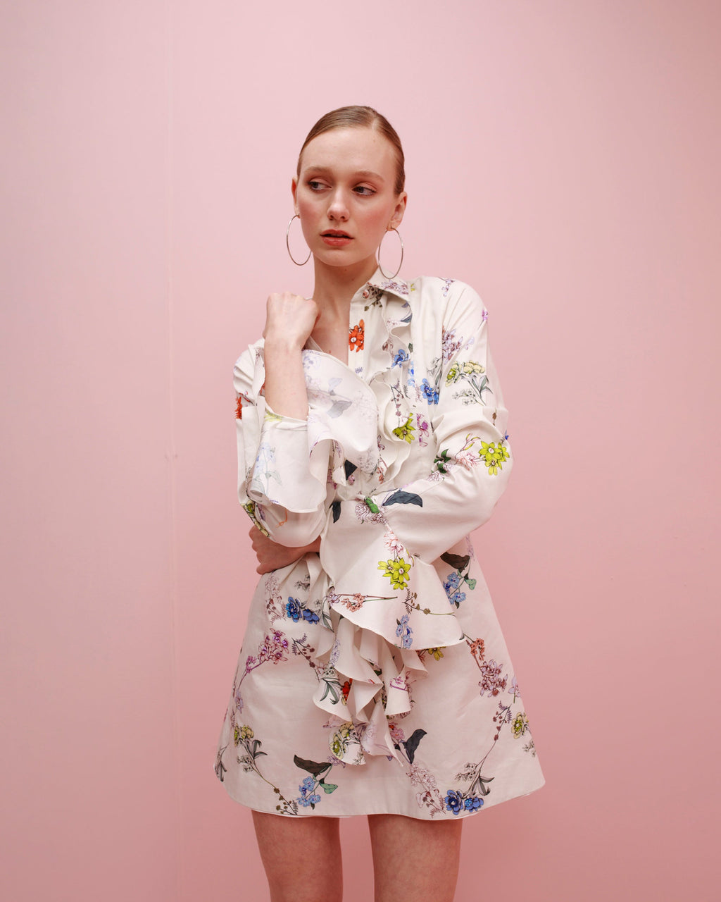 Cate Floral Cotton Ruffle Mini Shirt Dress