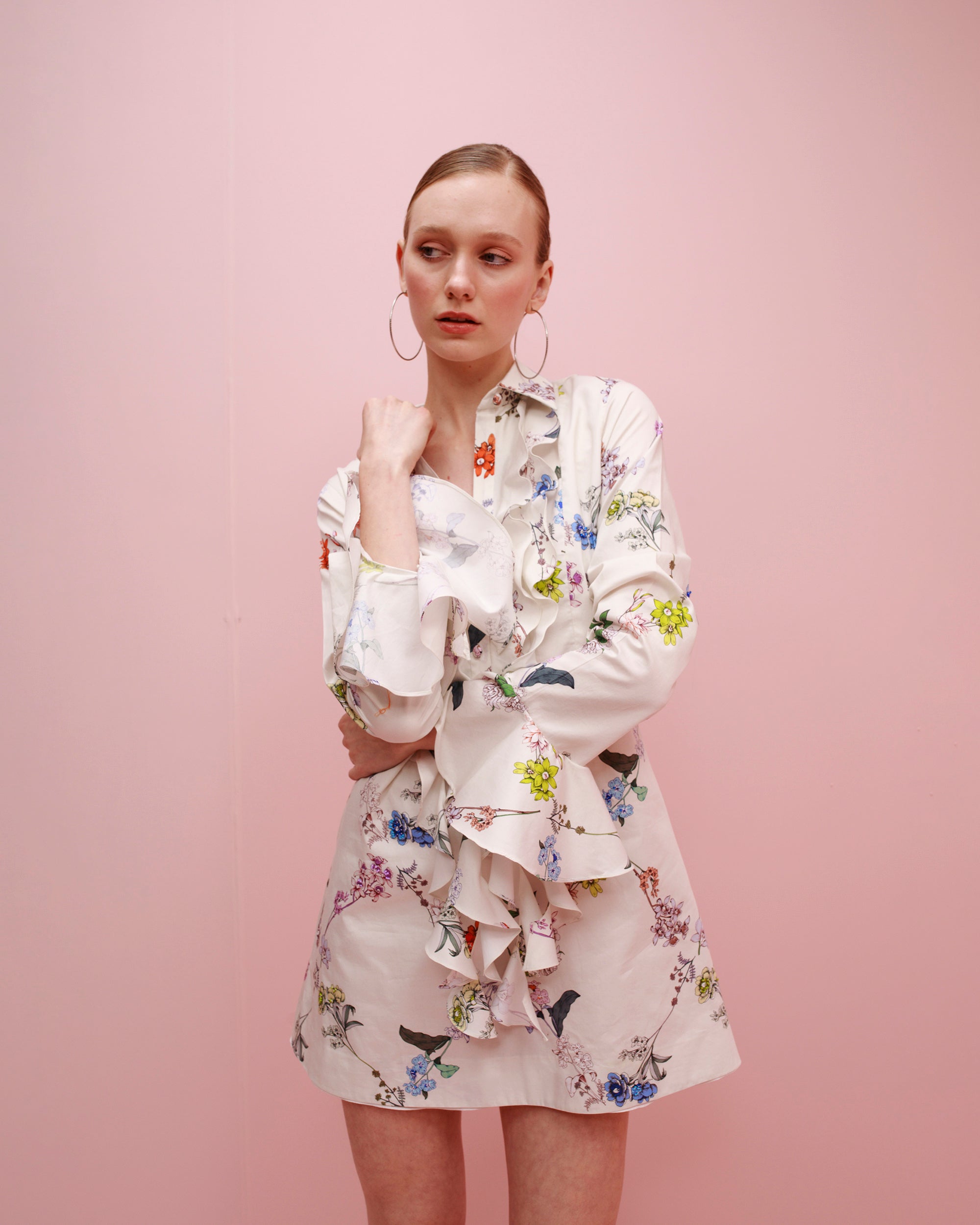 Cate Floral Cotton Ruffle Mini Shirt Dress