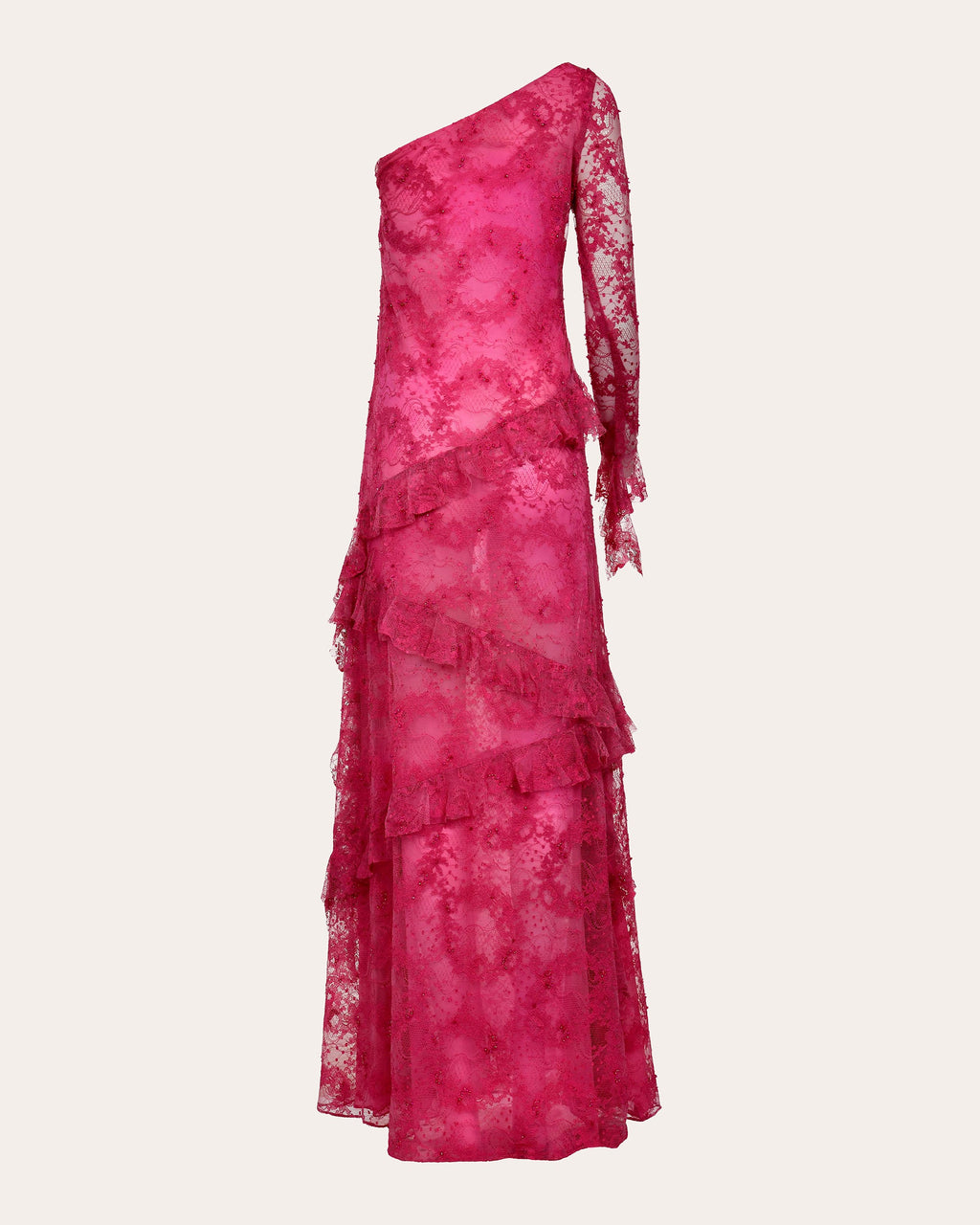 Cascade Embroidered Lace Ruffle Asymmetric Gown