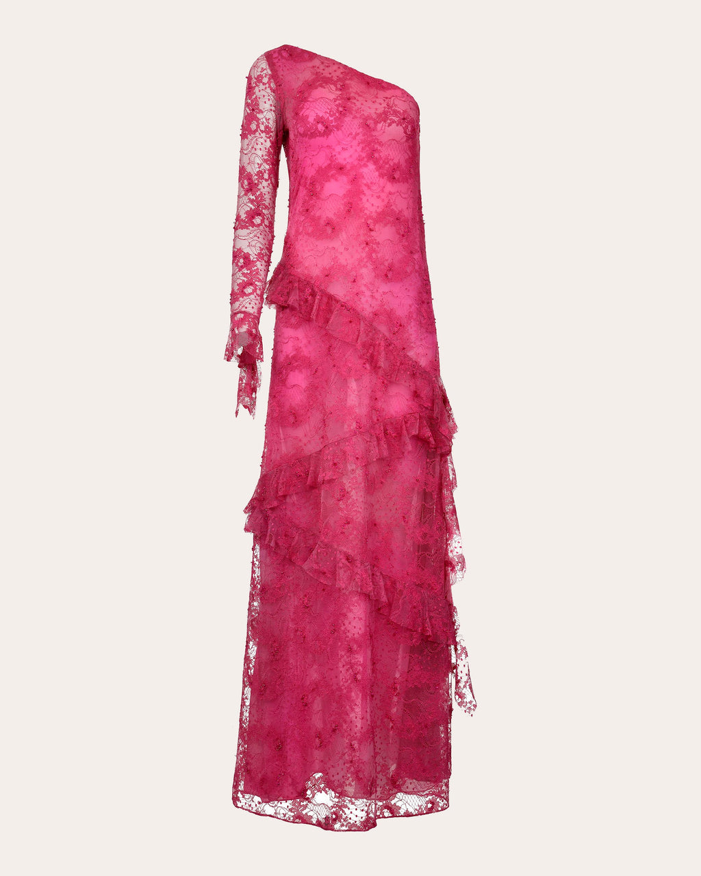 Cascade Embroidered Lace Ruffle Asymmetric Gown