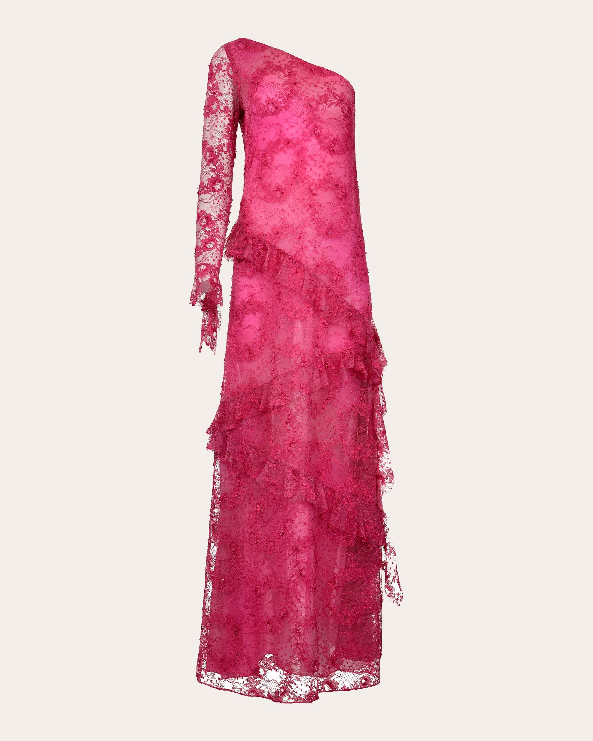 Cascade Embroidered Lace Ruffle Asymmetric Gown