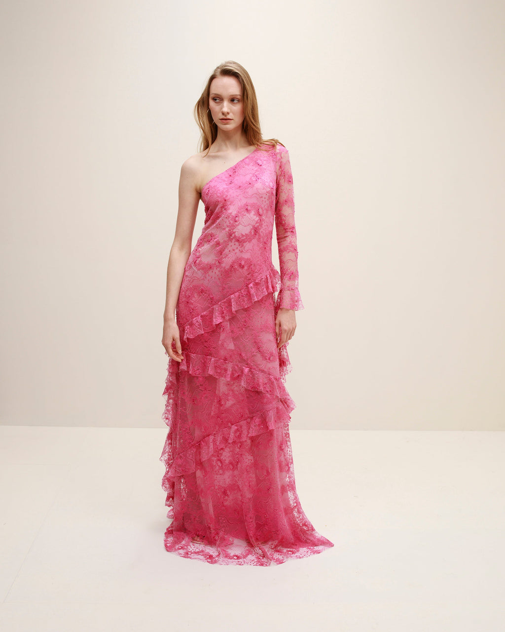 Cascade Embroidered Lace Ruffle Asymmetric Gown