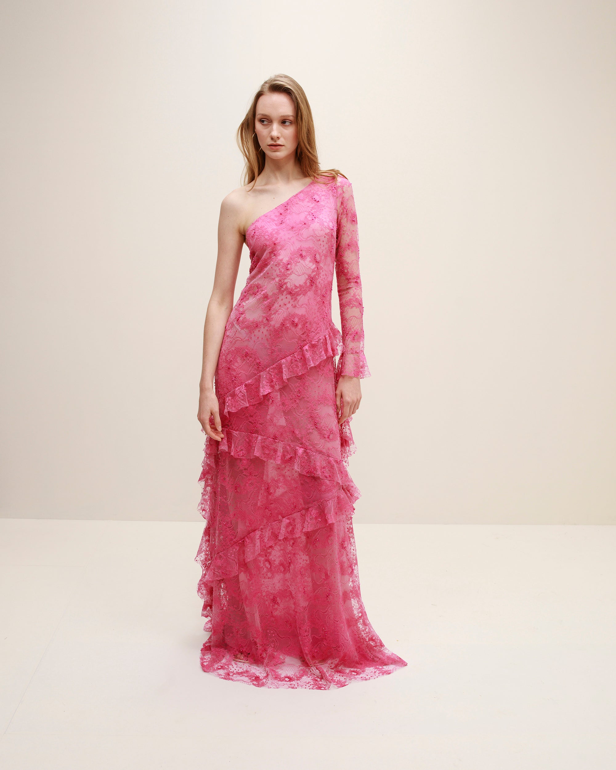 Cascade Embroidered Lace Ruffle Asymmetric Gown