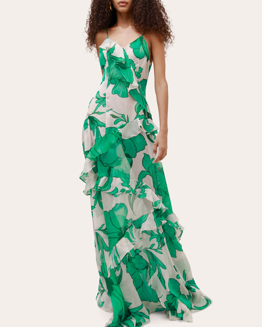 Elysium Beaded Floral Silk Chiffon Ruffle Maxi Dress