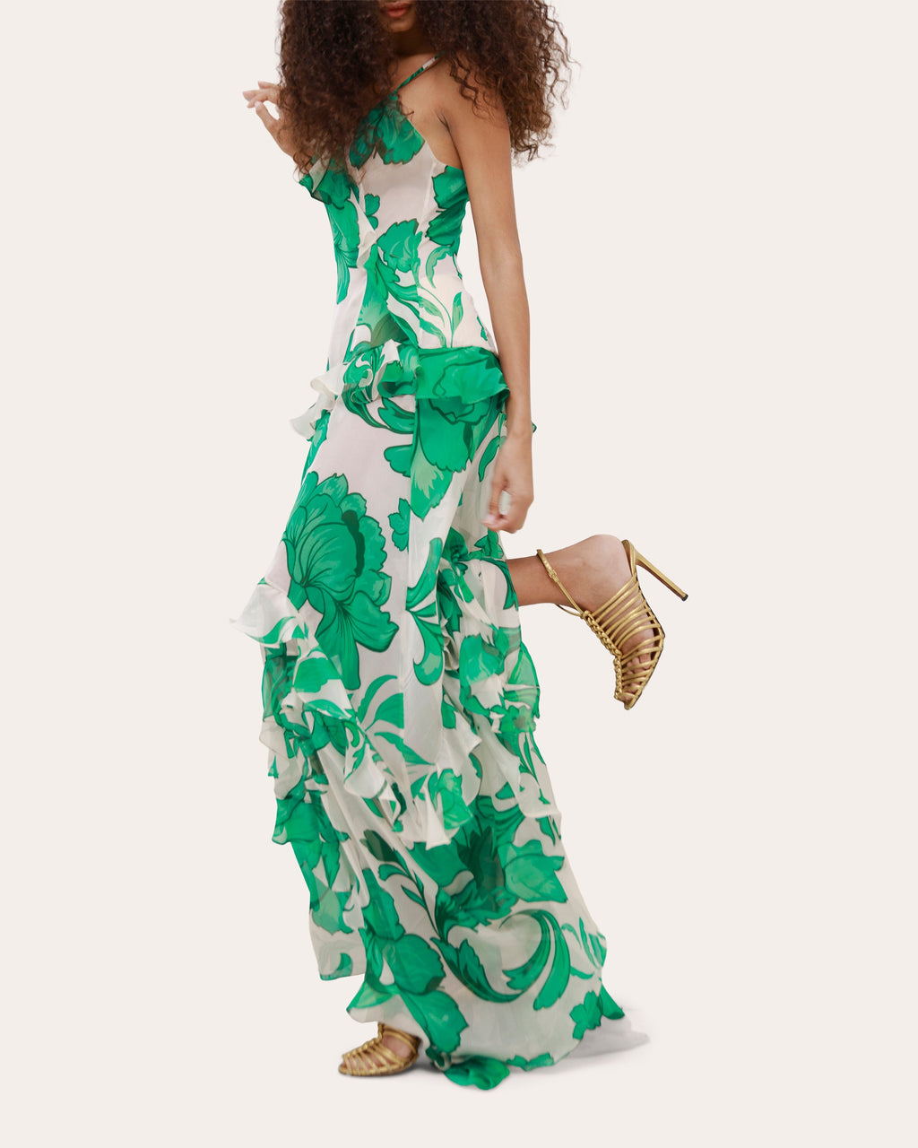 Elysium Beaded Floral Silk Chiffon Ruffle Maxi Dress