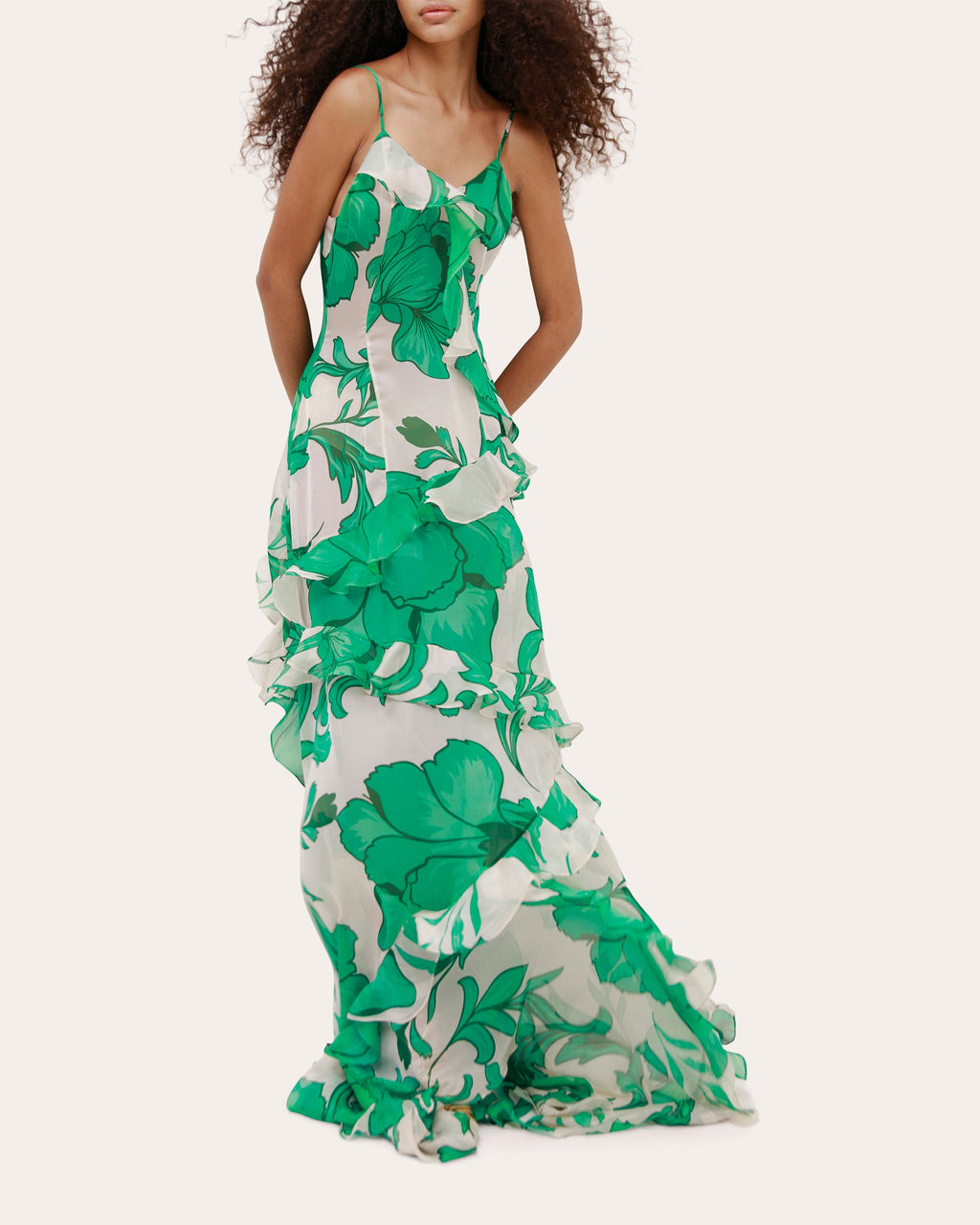 Elysium Beaded Floral Silk Chiffon Ruffle Maxi Dress