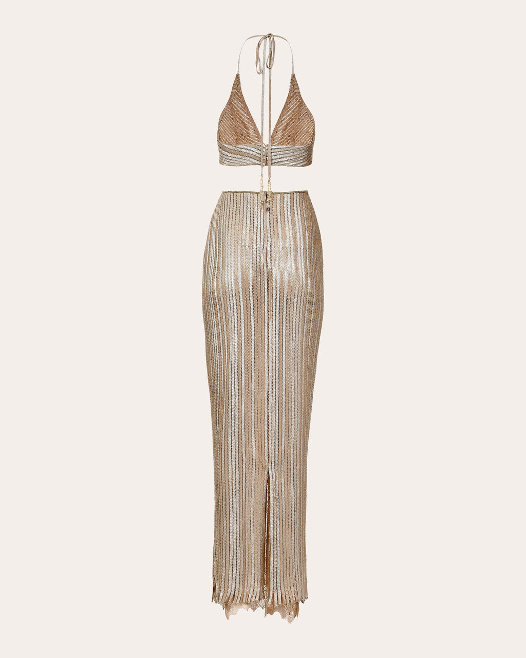 Luce Metallic Pata de Cabra Cutout Halter Maxi Dress