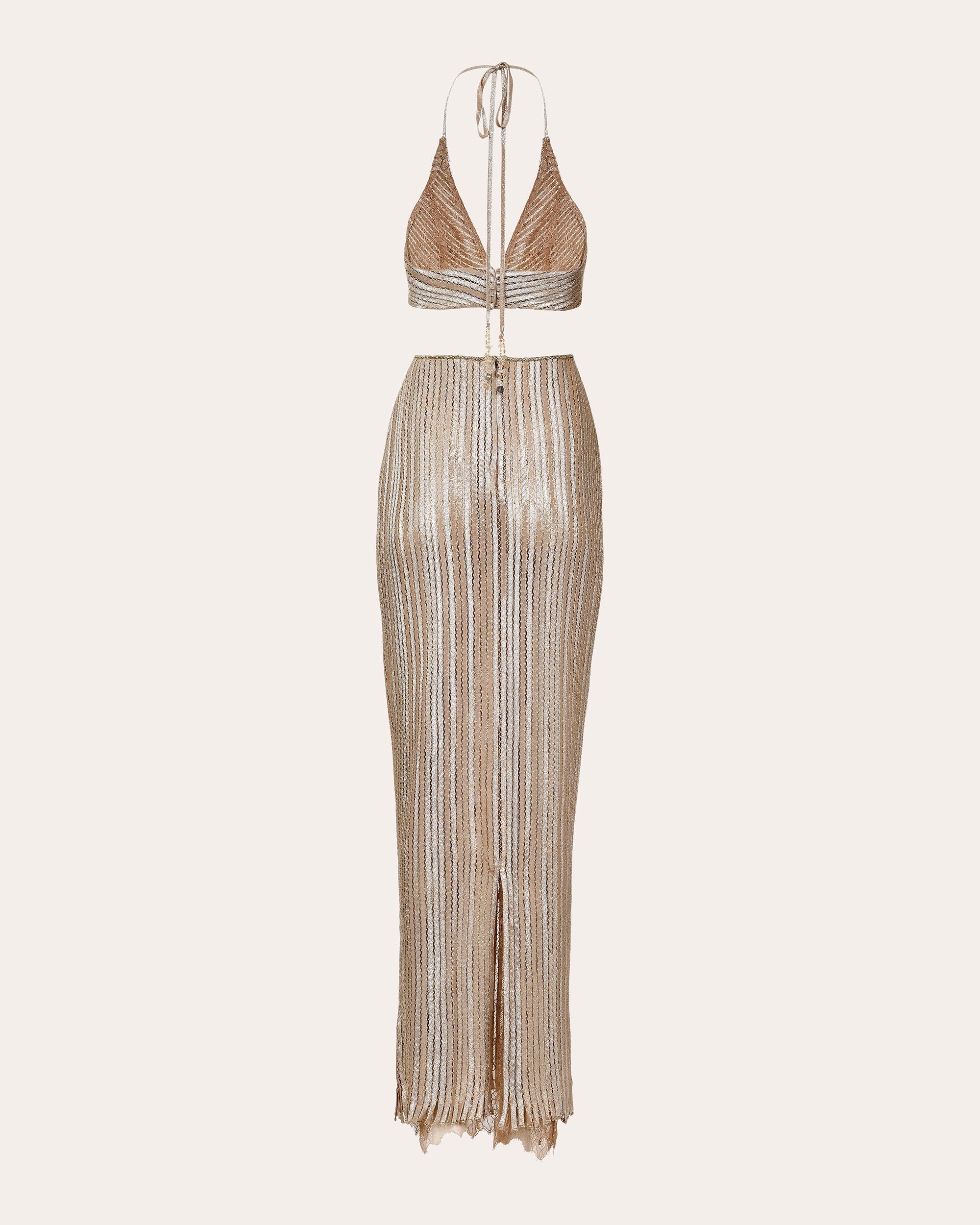 Luce Metallic Pata de Cabra Cutout Halter Maxi Dress