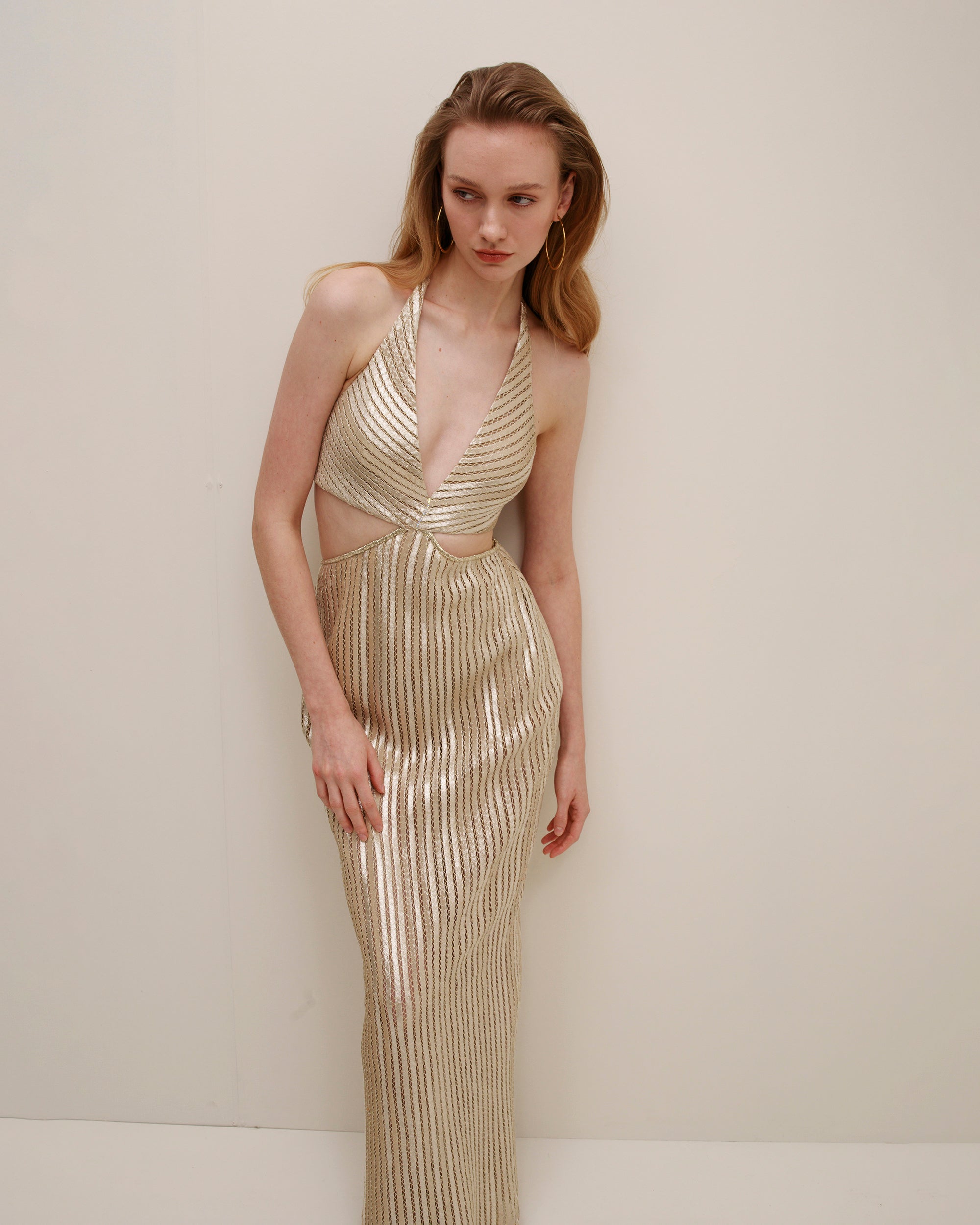 Luce Metallic Pata de Cabra Cutout Halter Maxi Dress