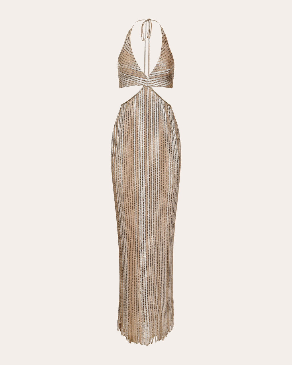Luce Metallic Pata de Cabra Cutout Halter Maxi Dress