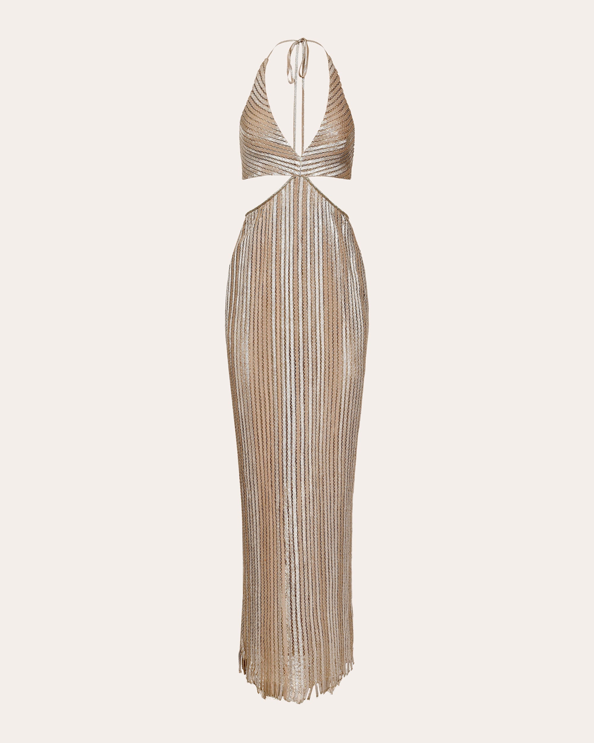 Luce Metallic Pata de Cabra Cutout Halter Maxi Dress