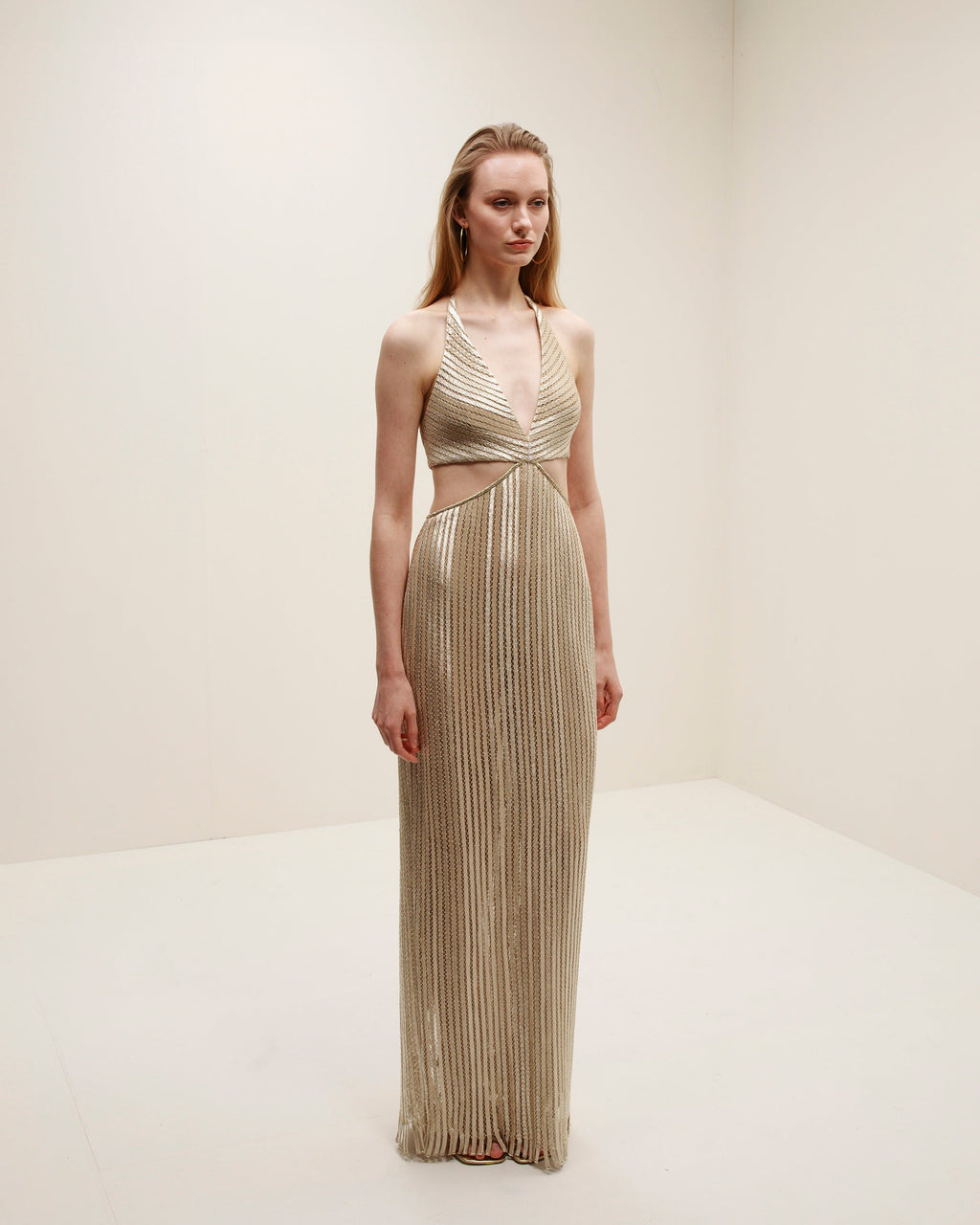 Luce Metallic Pata de Cabra Cutout Halter Maxi Dress