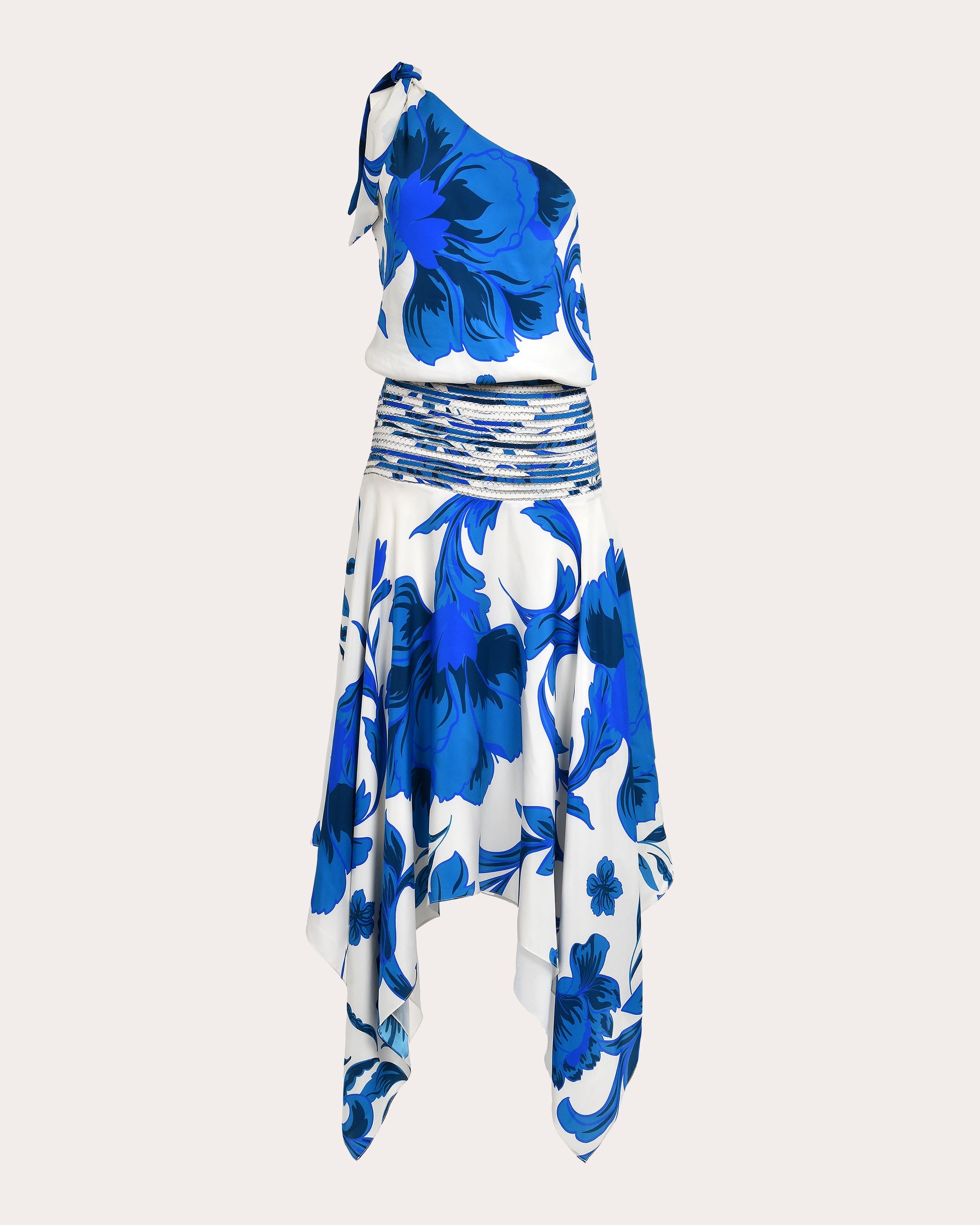 Halia Floral Silk Pata de Cabra Asymmetric Midi Dress