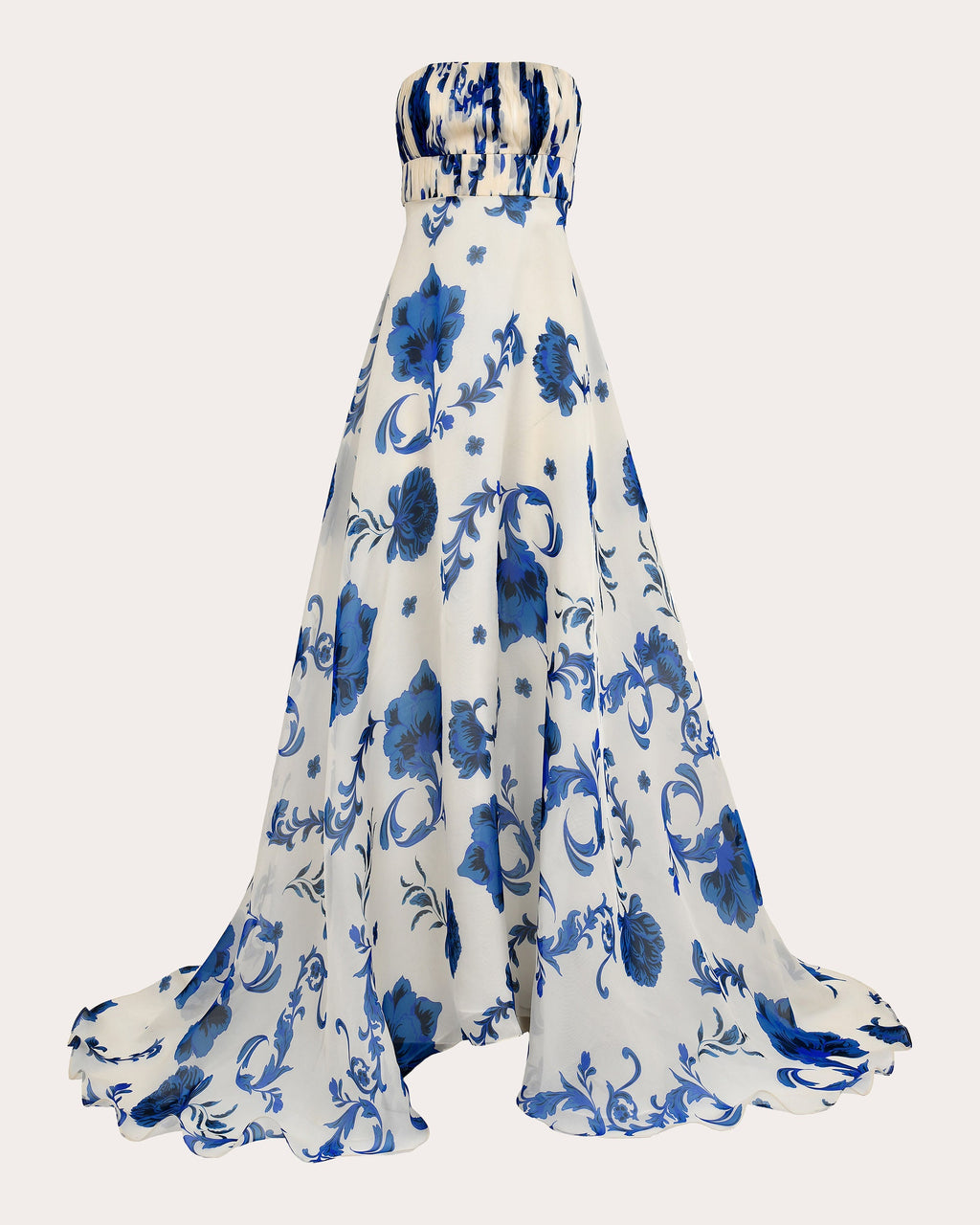 Akoniton Floral Silk Organza Pleated Strapless Gown
