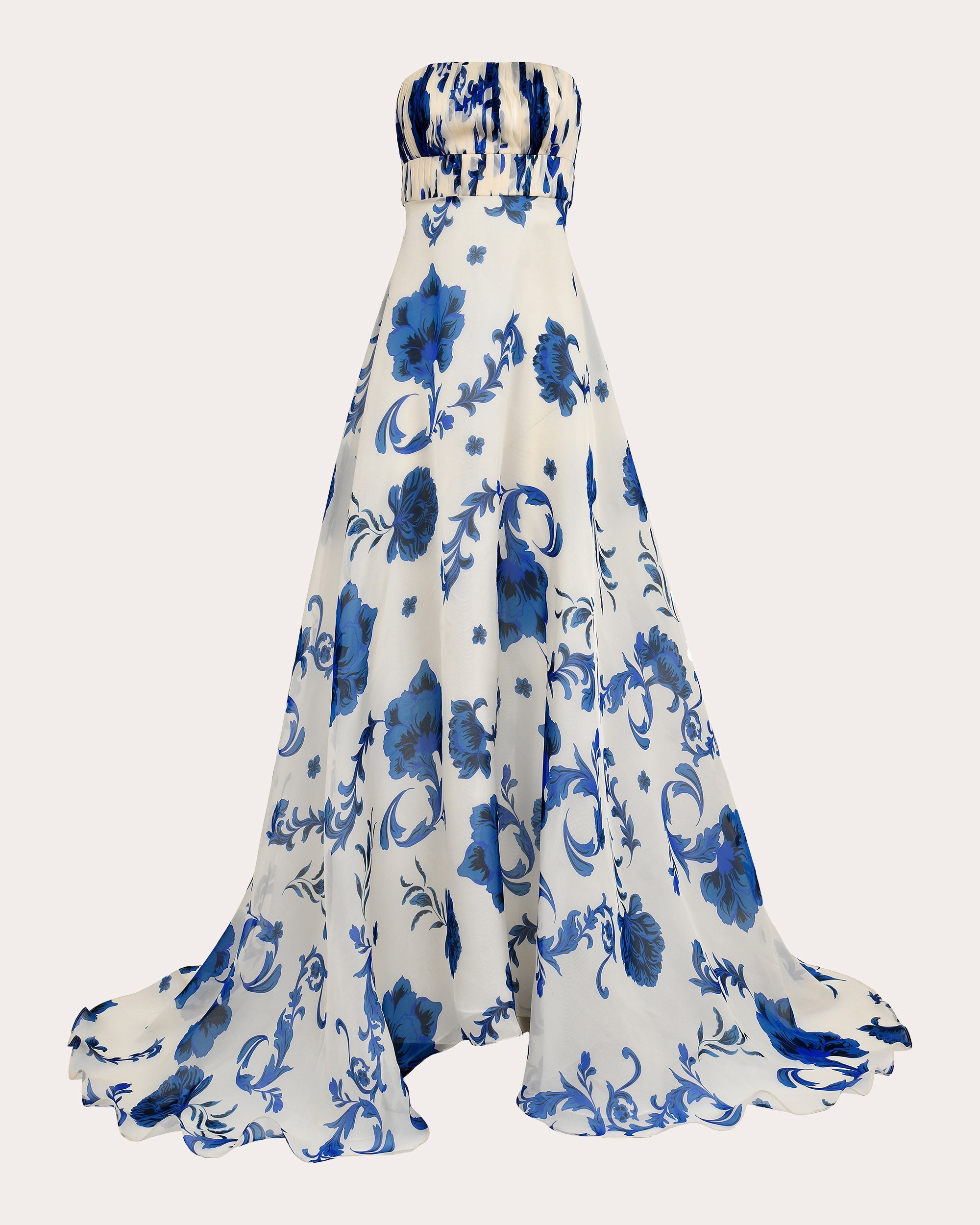 Akoniton Floral Silk Organza Pleated Strapless Gown