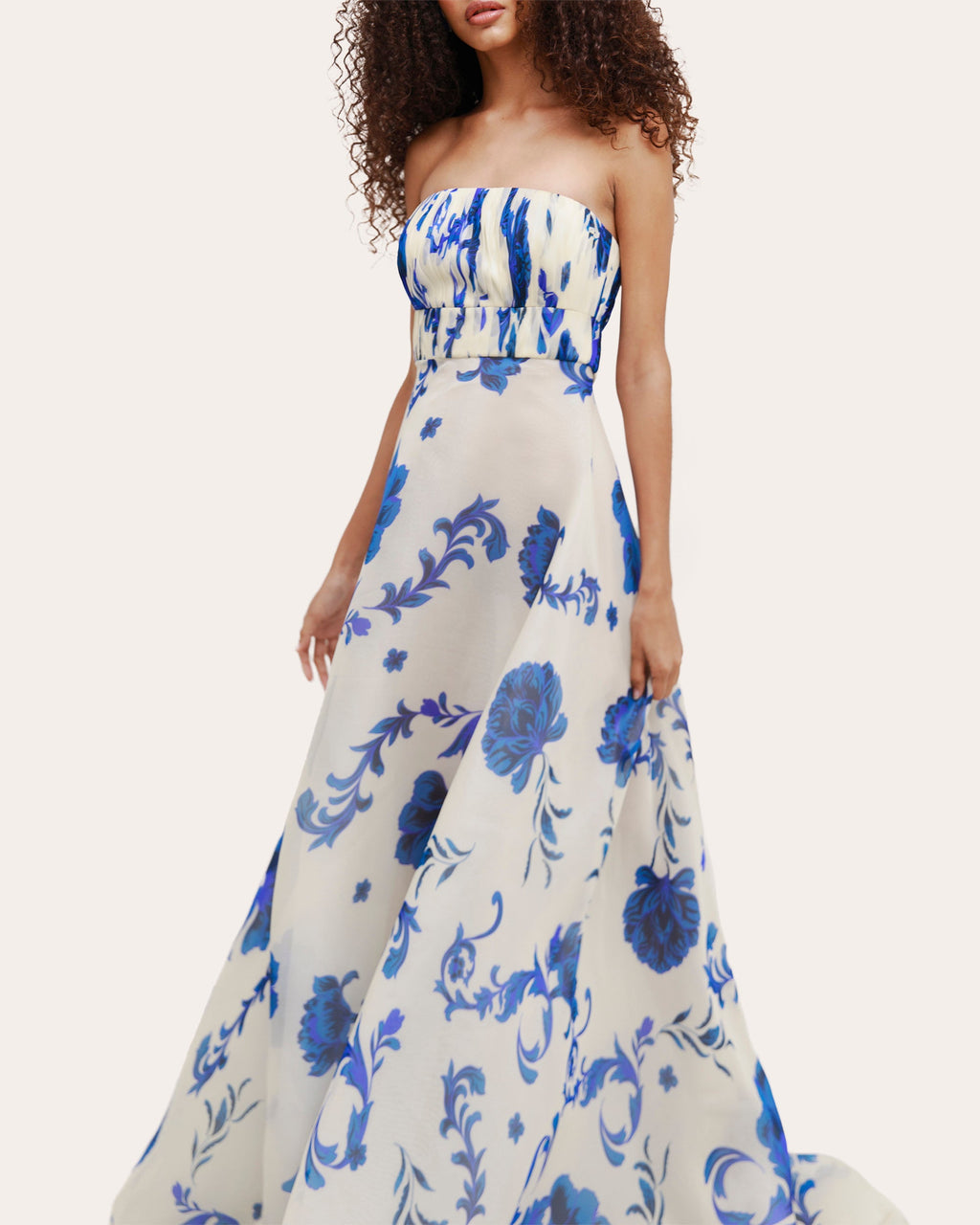 Akoniton Floral Silk Organza Pleated Strapless Gown