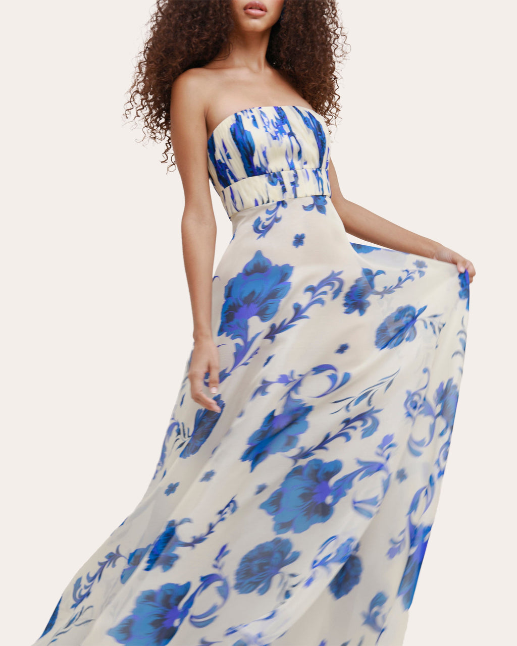 Akoniton Floral Silk Organza Pleated Strapless Gown