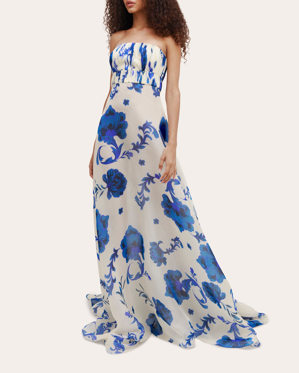Akoniton Floral Silk Organza Pleated Strapless Gown