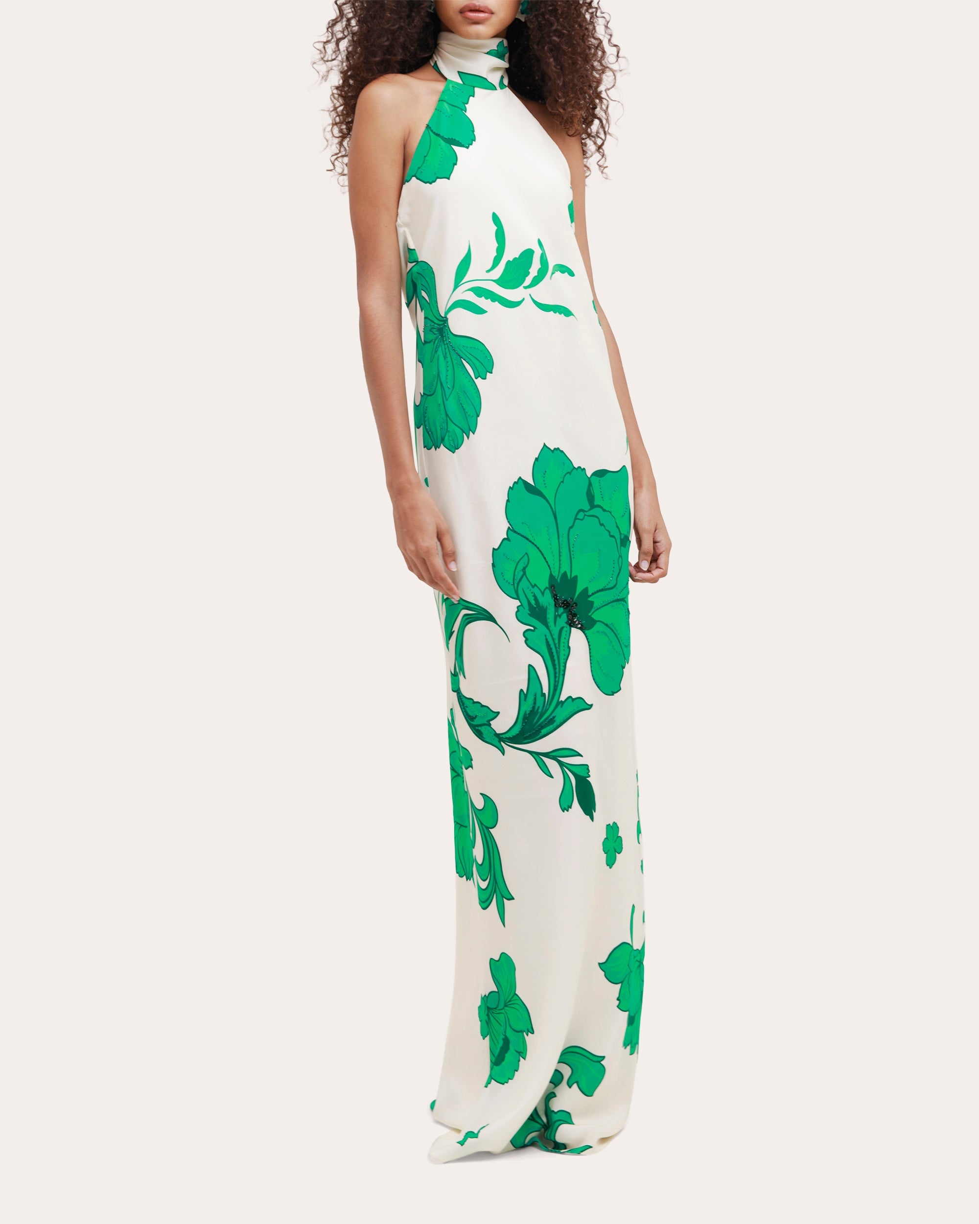 Hera Beaded Floral Silk Halter Gown