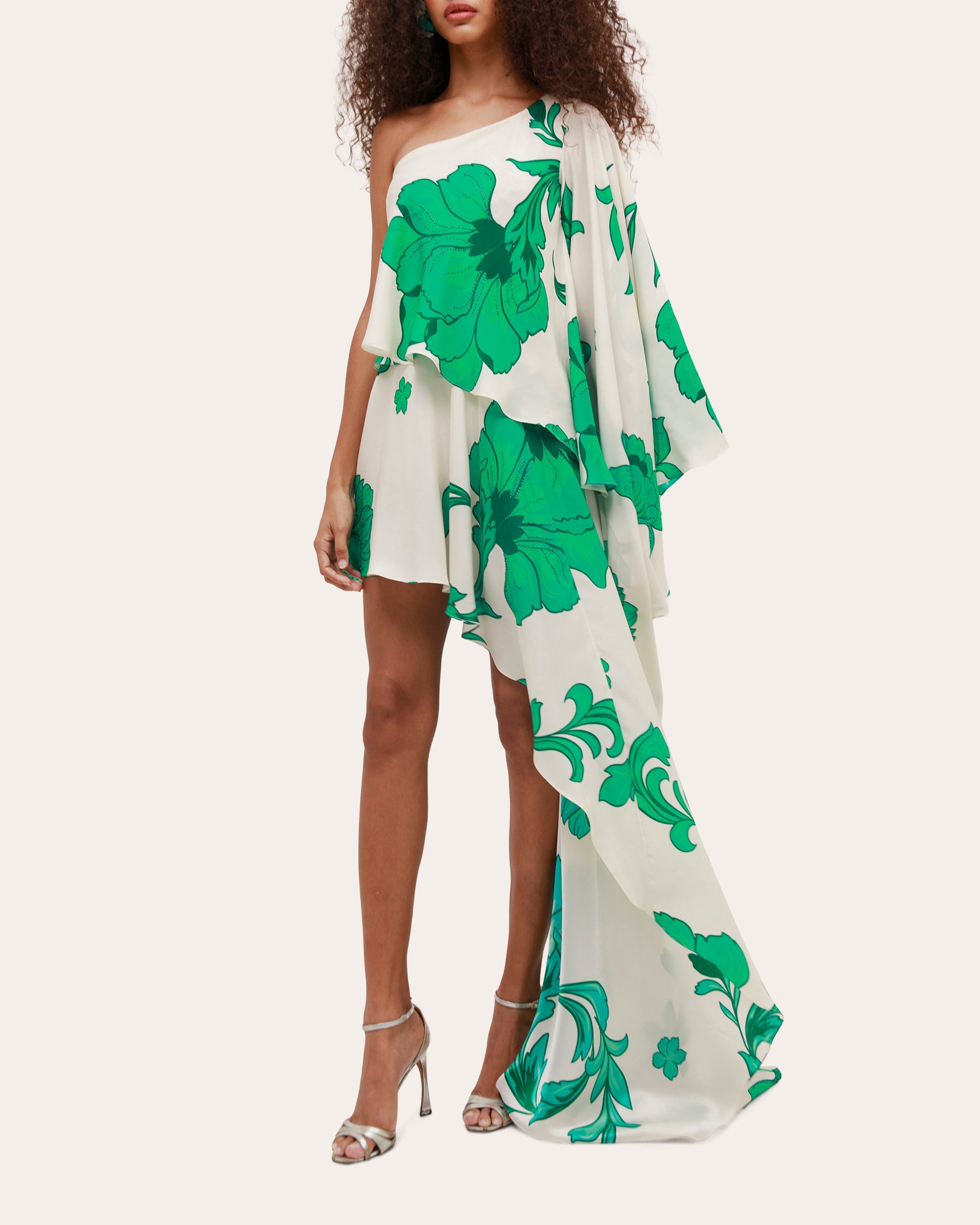 Kalos Embellished Silk Asymmetric Cape Mini Dress