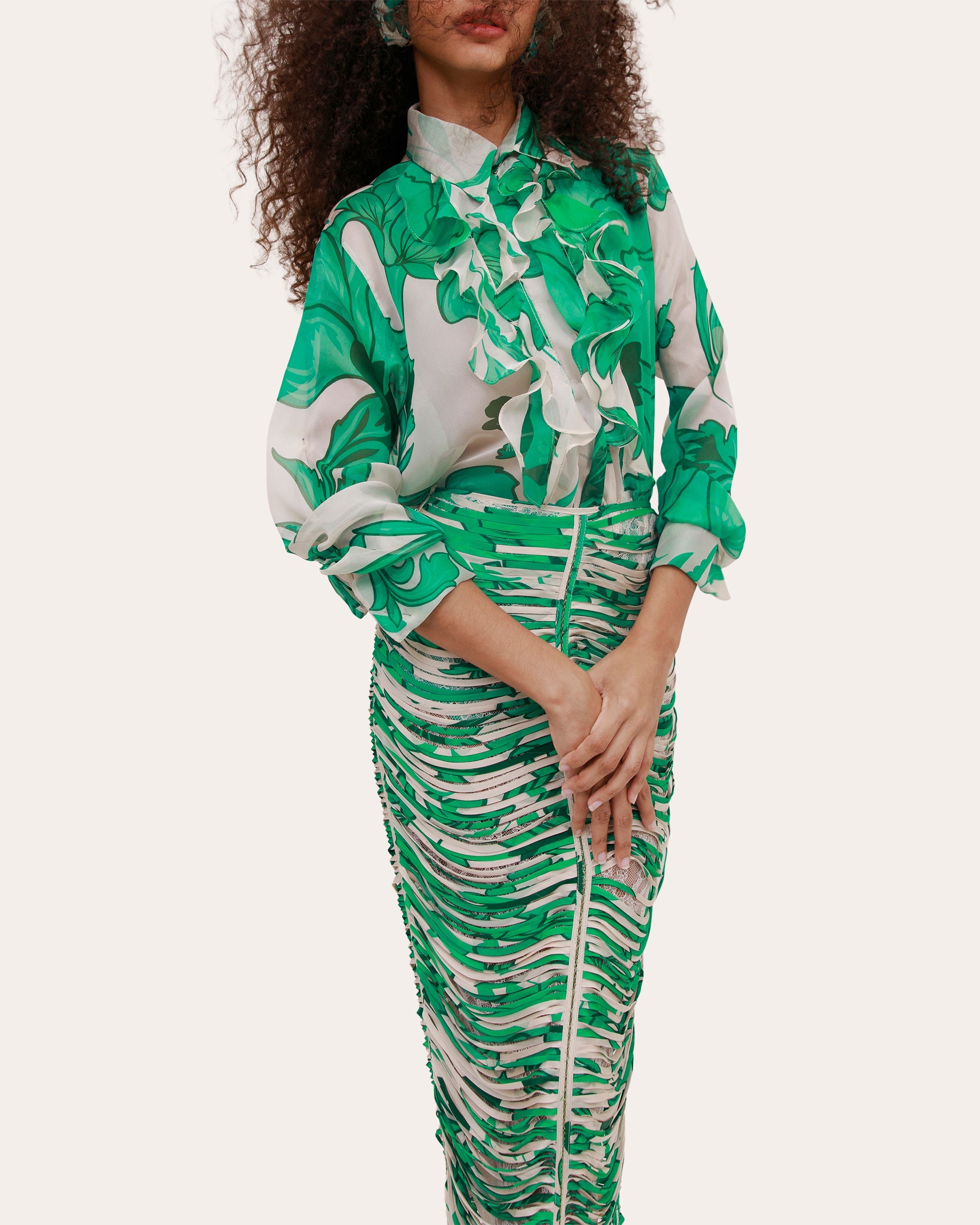 Oak Floral Silk Organza Ruffle Blouse