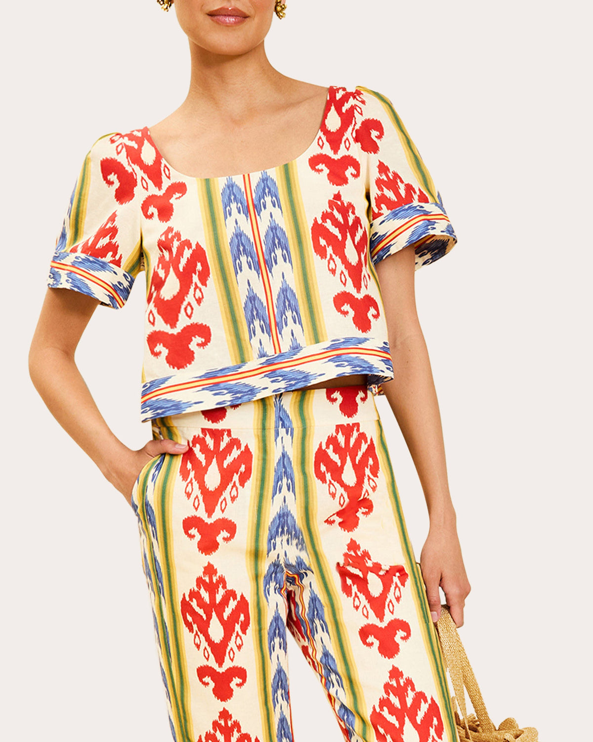Maldives Ikat Puff-Sleeve Crop Top