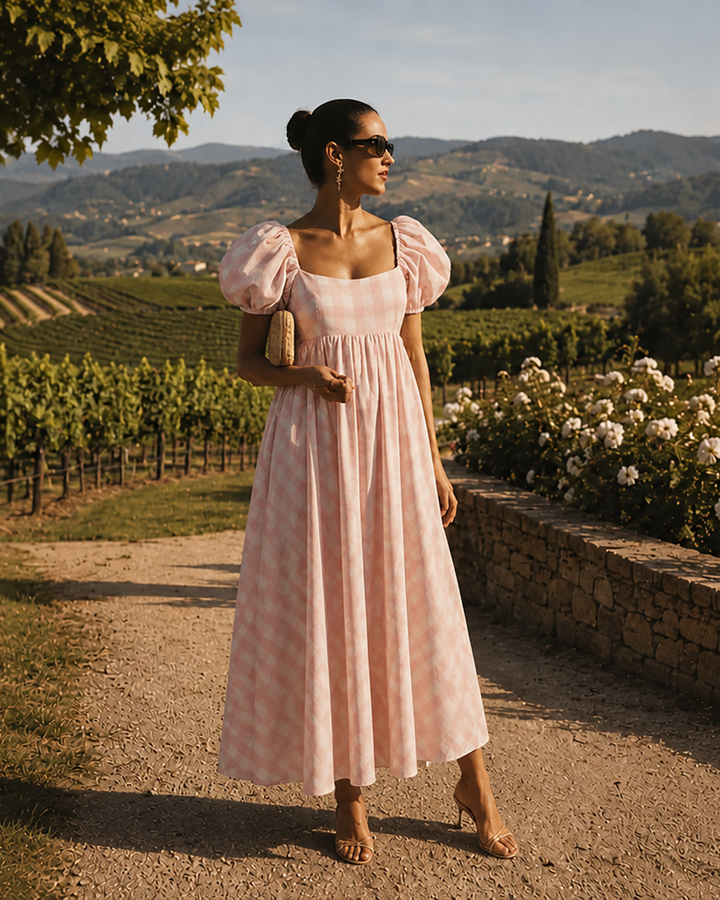 Rory Gingham Cotton Puff-Sleeve Midi Dress