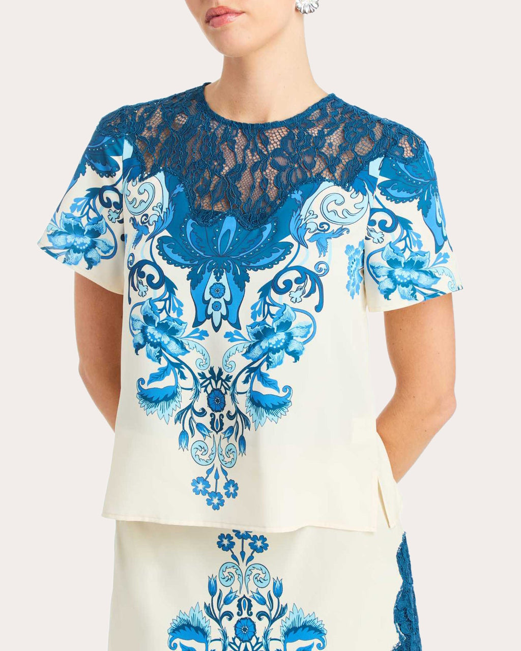 Morgan Floral Twill Lace Crewneck Top
