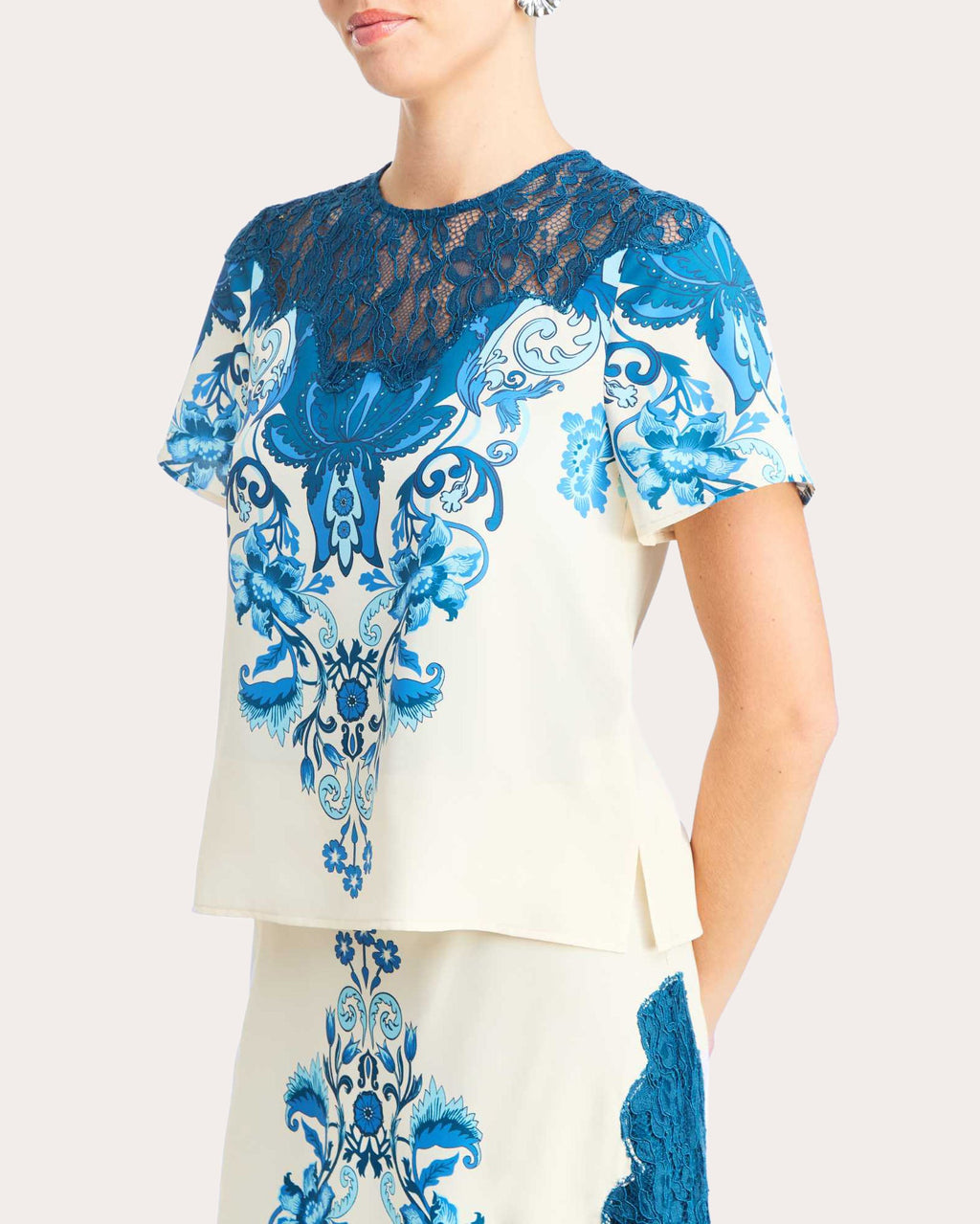 Morgan Floral Twill Lace Crewneck Top