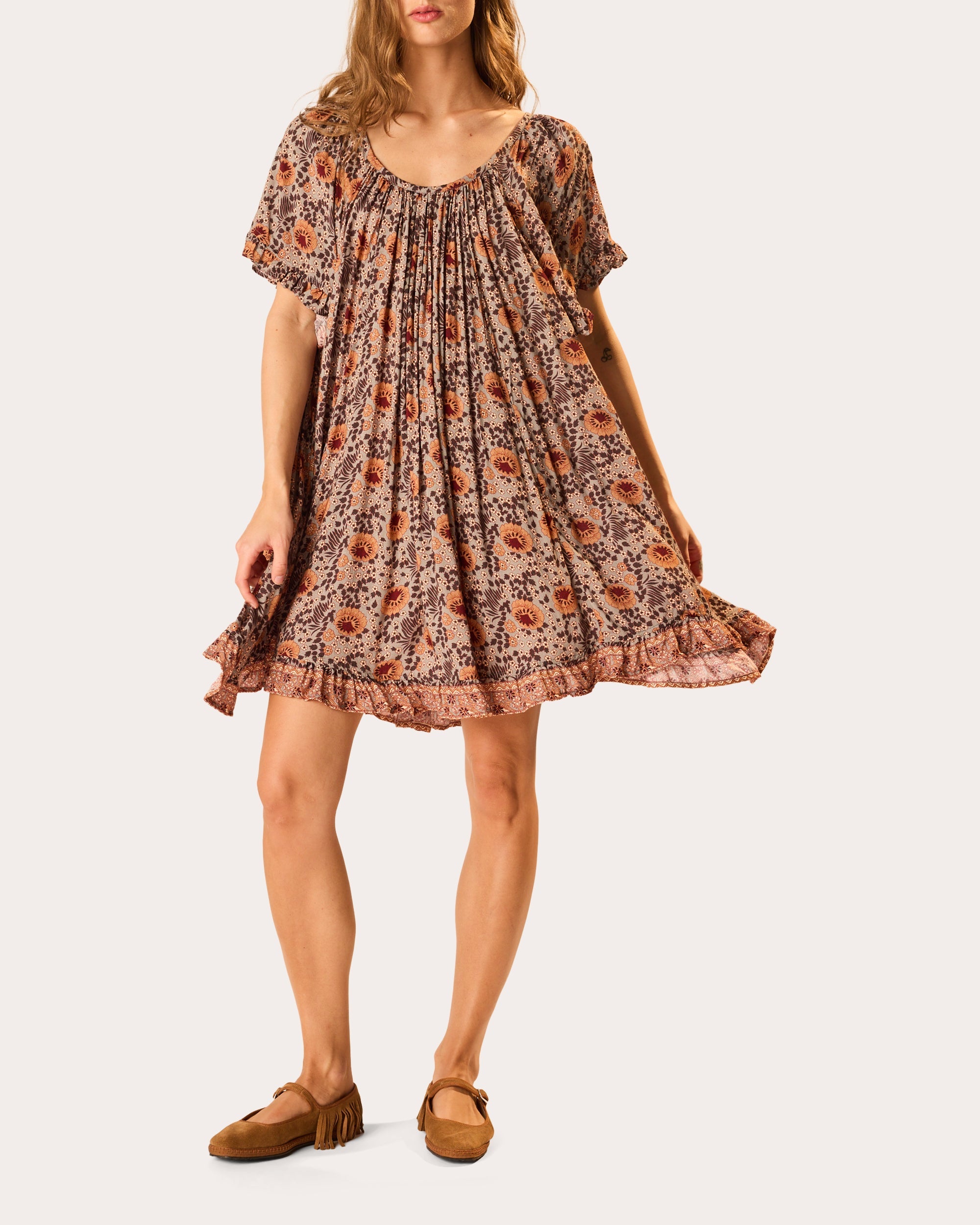 Marina Floral Gathered Ruffle Mini Dress
