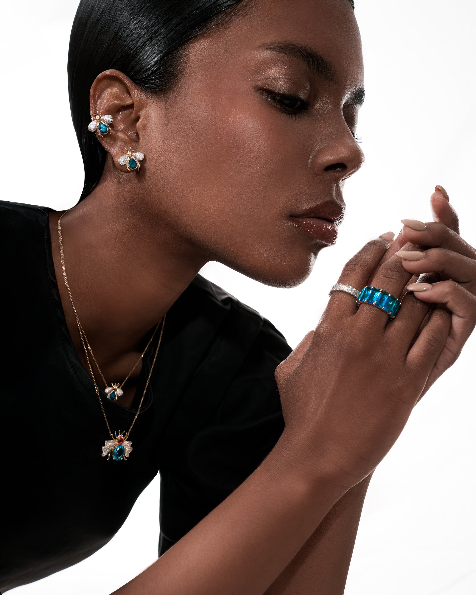 Diamond & Blue Topaz 18k Gold Abeja Real Ear Cuff