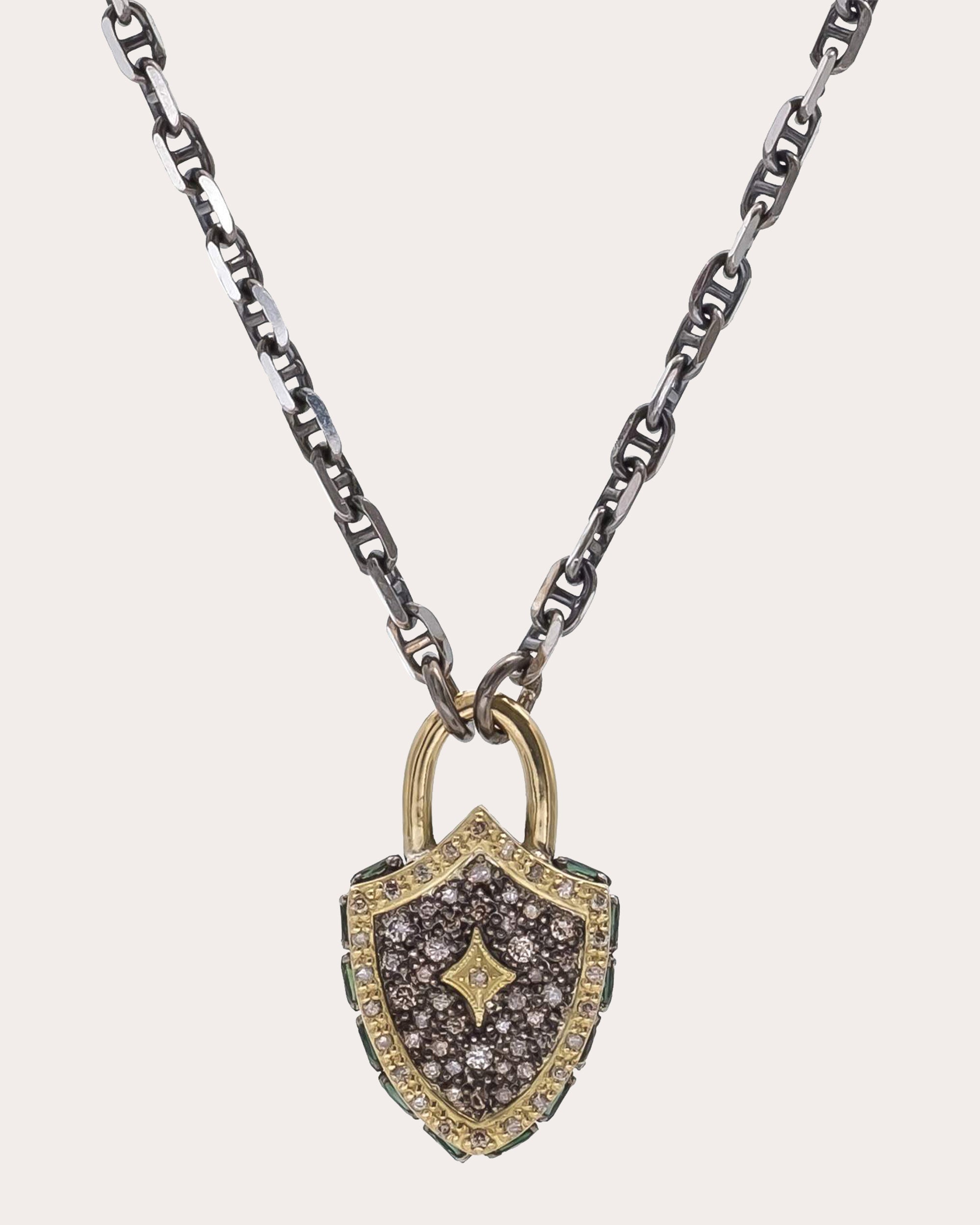 Diamond Two-Tone Blackened Protection Shield Pendant Necklace