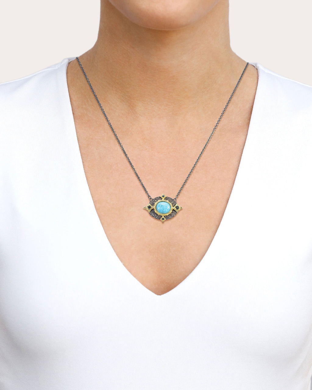 Turquoise & Topaz Blackened Two-Tone Pendant Necklace