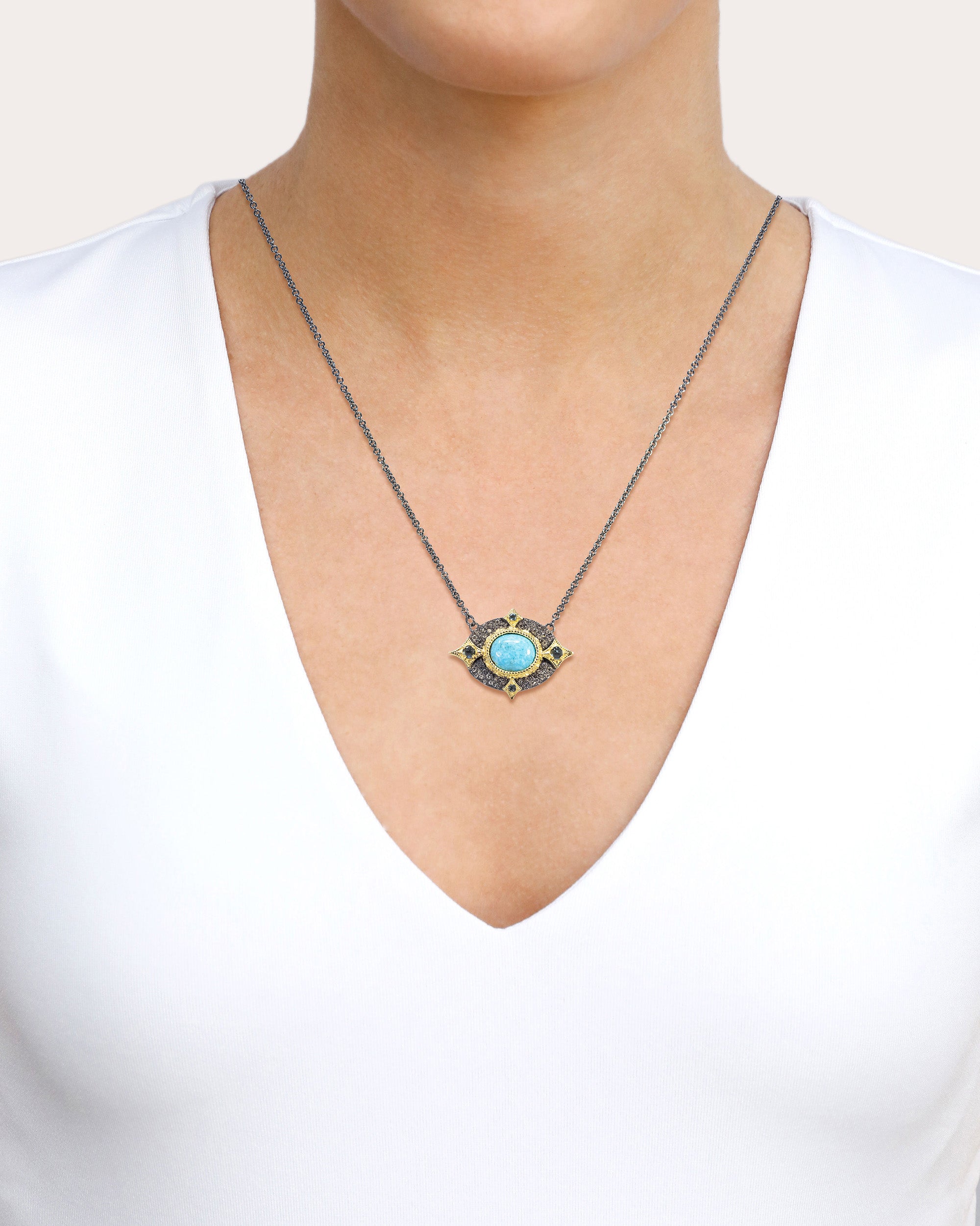 Turquoise & Topaz Blackened Two-Tone Pendant Necklace