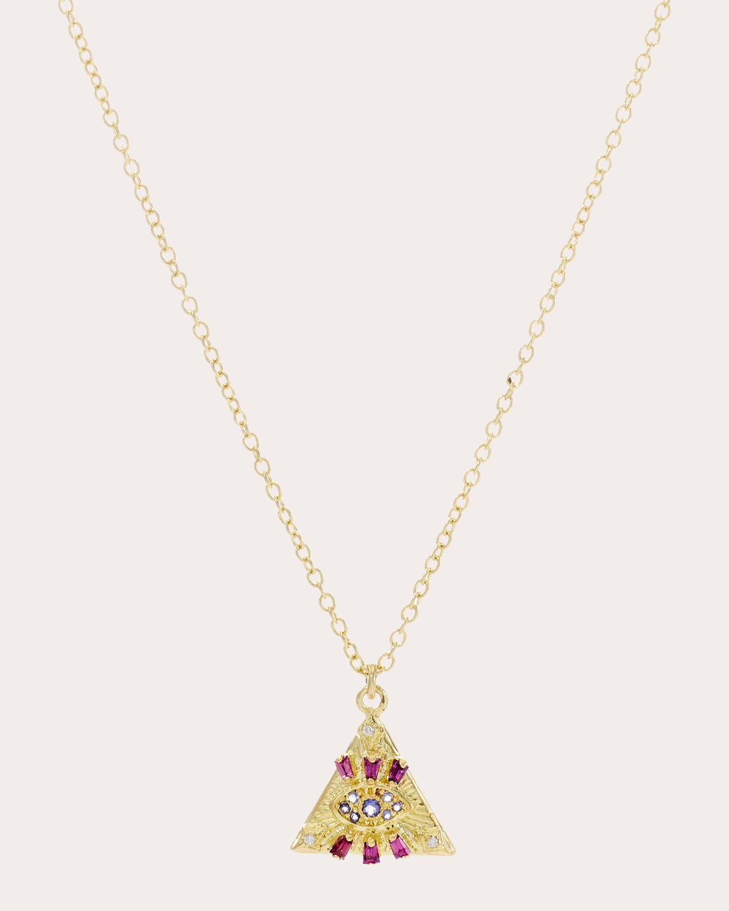 Rhodolite & Iolite 18k Gold Evil Eye Triangle Pendant Necklace