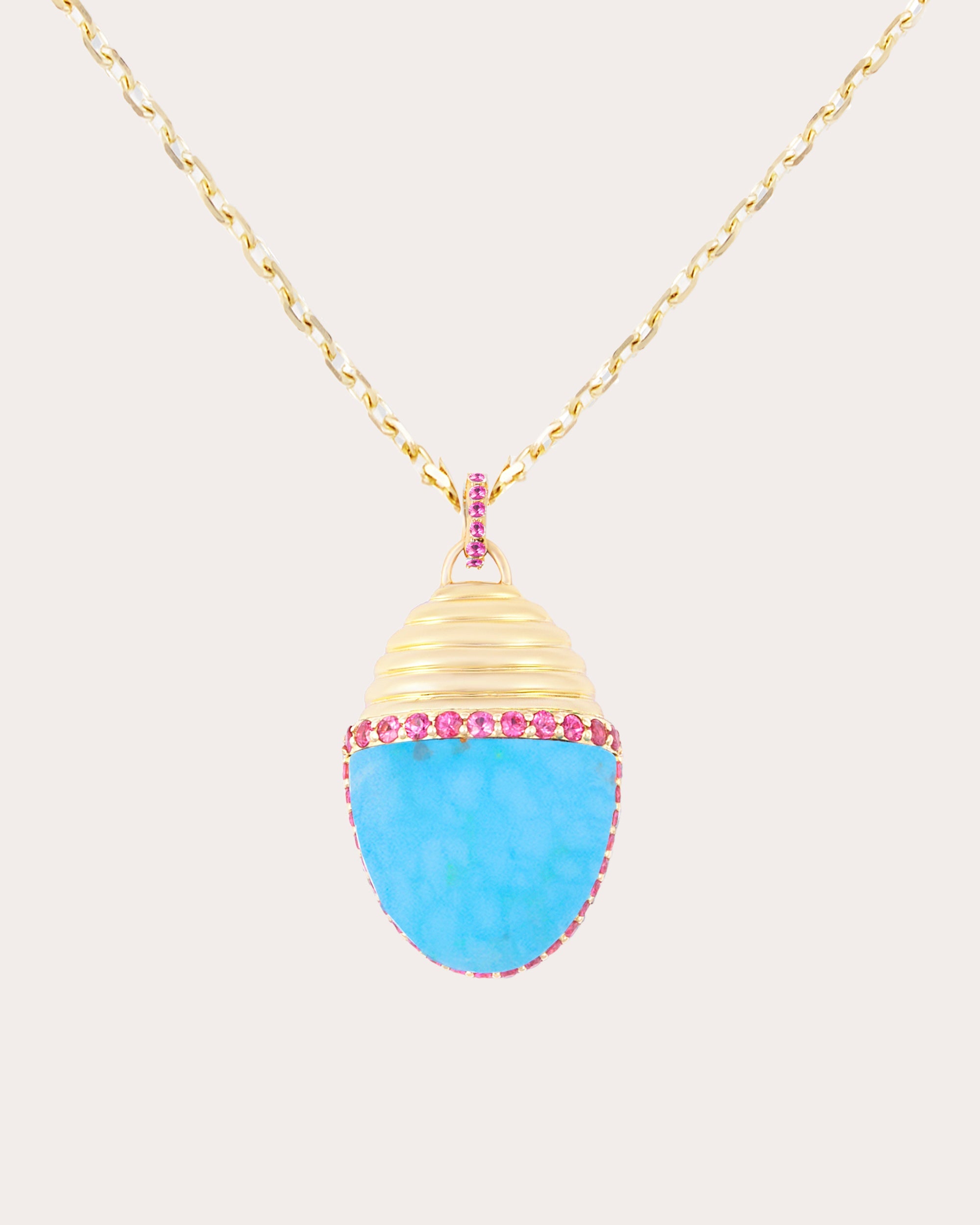 Pink Sapphire & Turquoise 14k Gold Found Cap Large Pendant Necklace